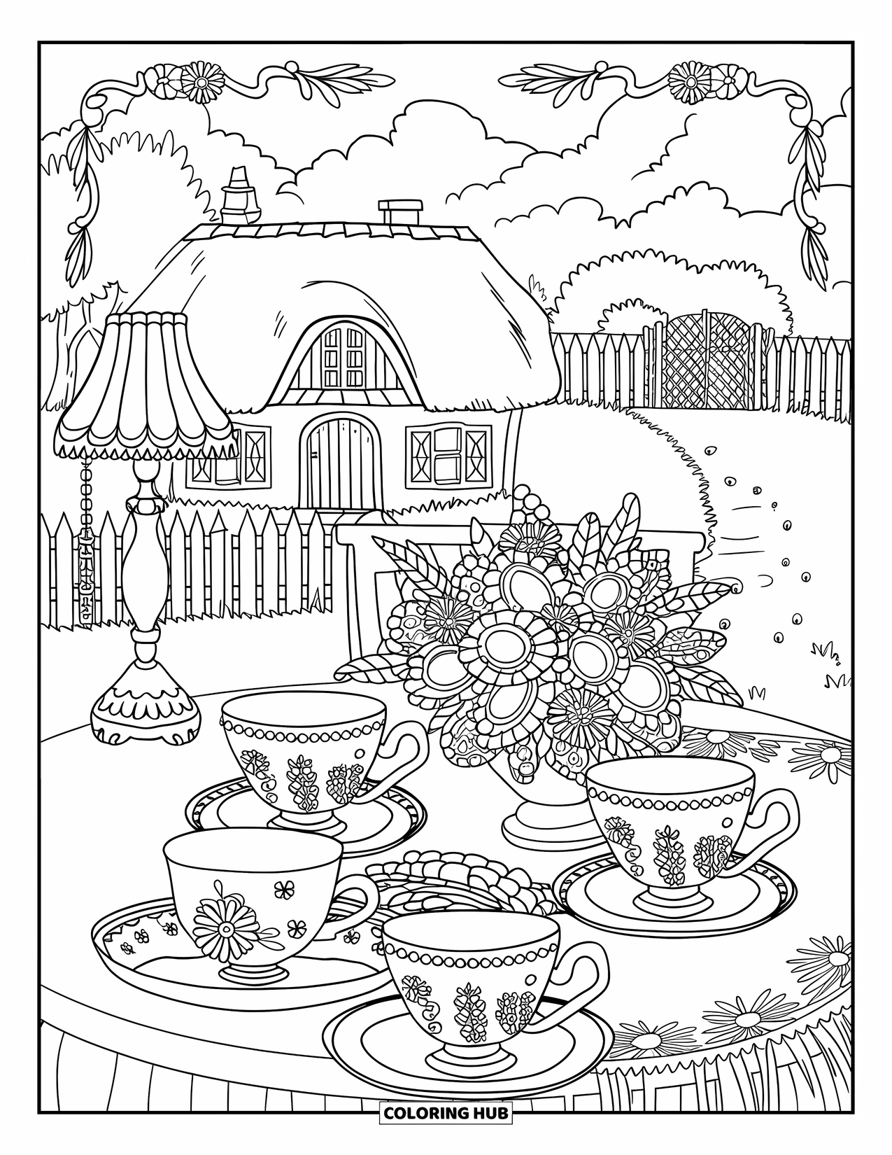 Cottagecore Coloring Page for Adults: A cottagecore tea table with vintage cups, a lace cloth, and fresh flowers