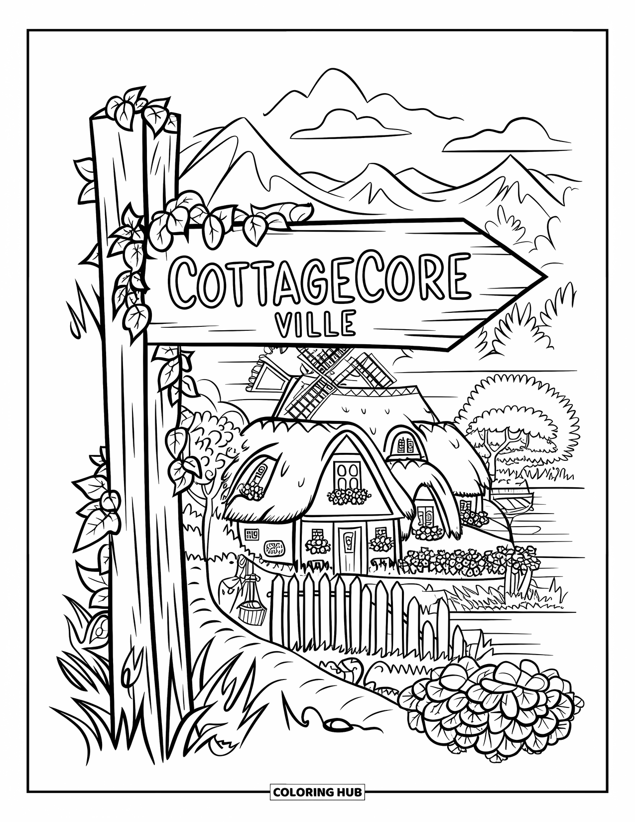 Cottagecore Coloring Page for Adults: A cottagecore village signpost surrounded by wildflowers and winding paths