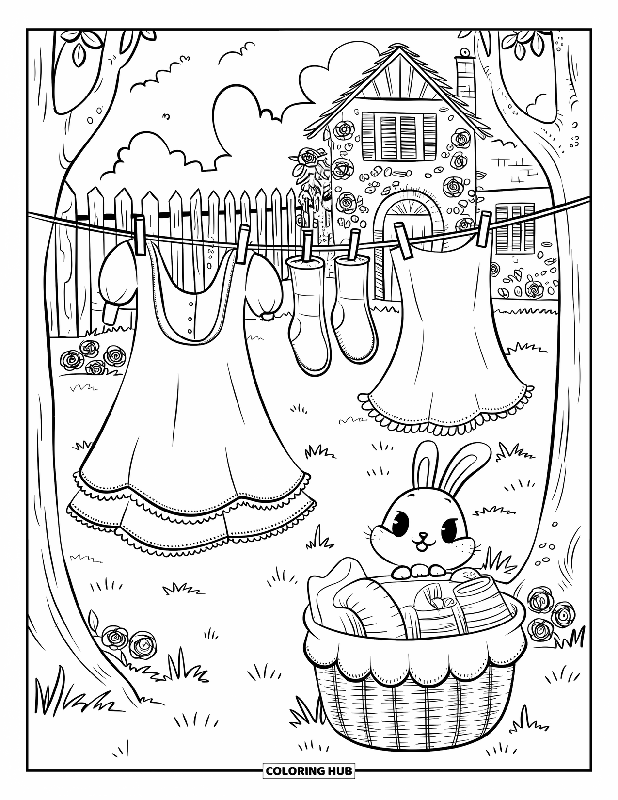 Cottagecore Coloring Page for Adults: A cozy backyard with a clothesline, blooming roses, and a peeking bunny