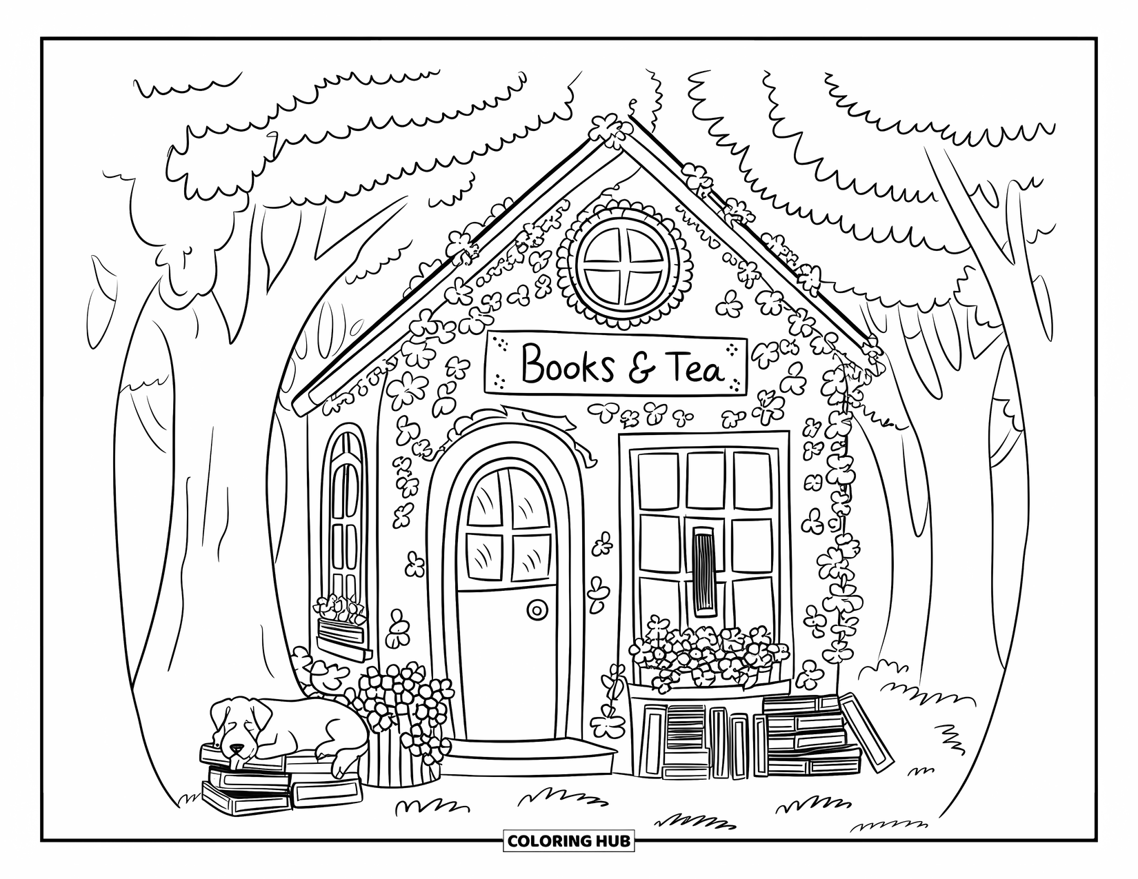 Cottagecore Coloring Page for Adults: A cozy bookshop with a round door, large windows, and a napping dog outside