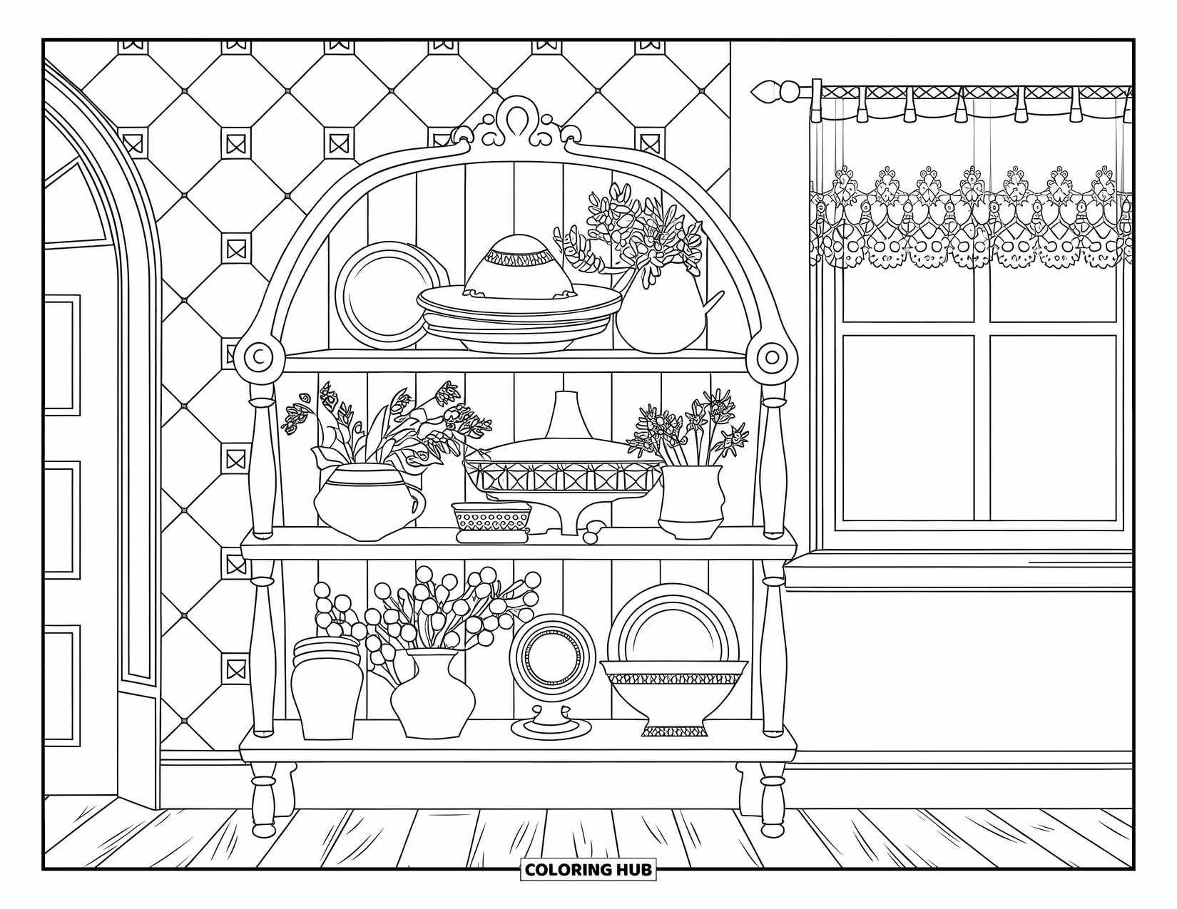 Cottagecore Coloring Page for Adults: A cozy cottagecore kitchen shelf with patterned tiles and lace curtains nearby