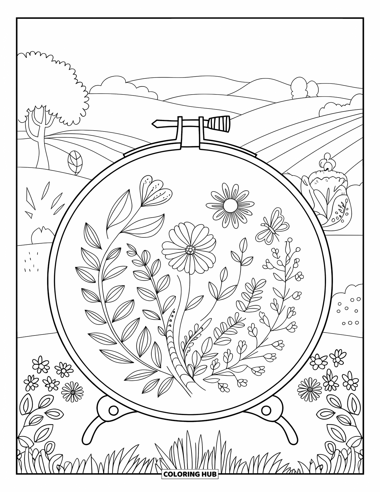 Cottagecore Coloring Page for Adults: A cozy embroidery project on a wooden table, surrounded by flowers