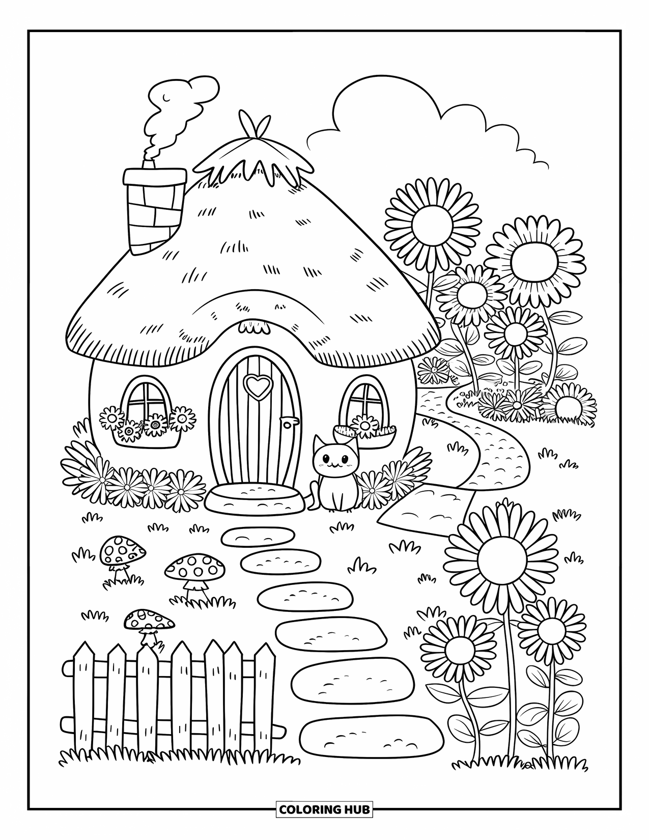 Cottagecore Coloring Page for Adults: A cozy round cottage with a wooden door, a cat on the porch, and sunflowers