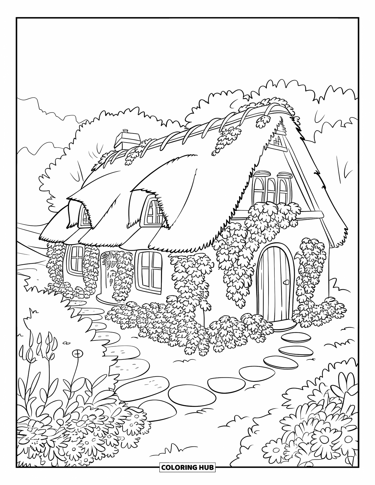 Cottagecore Coloring Page for Adults: A cozy, vine-covered cottage with a garden full of blooming flowers