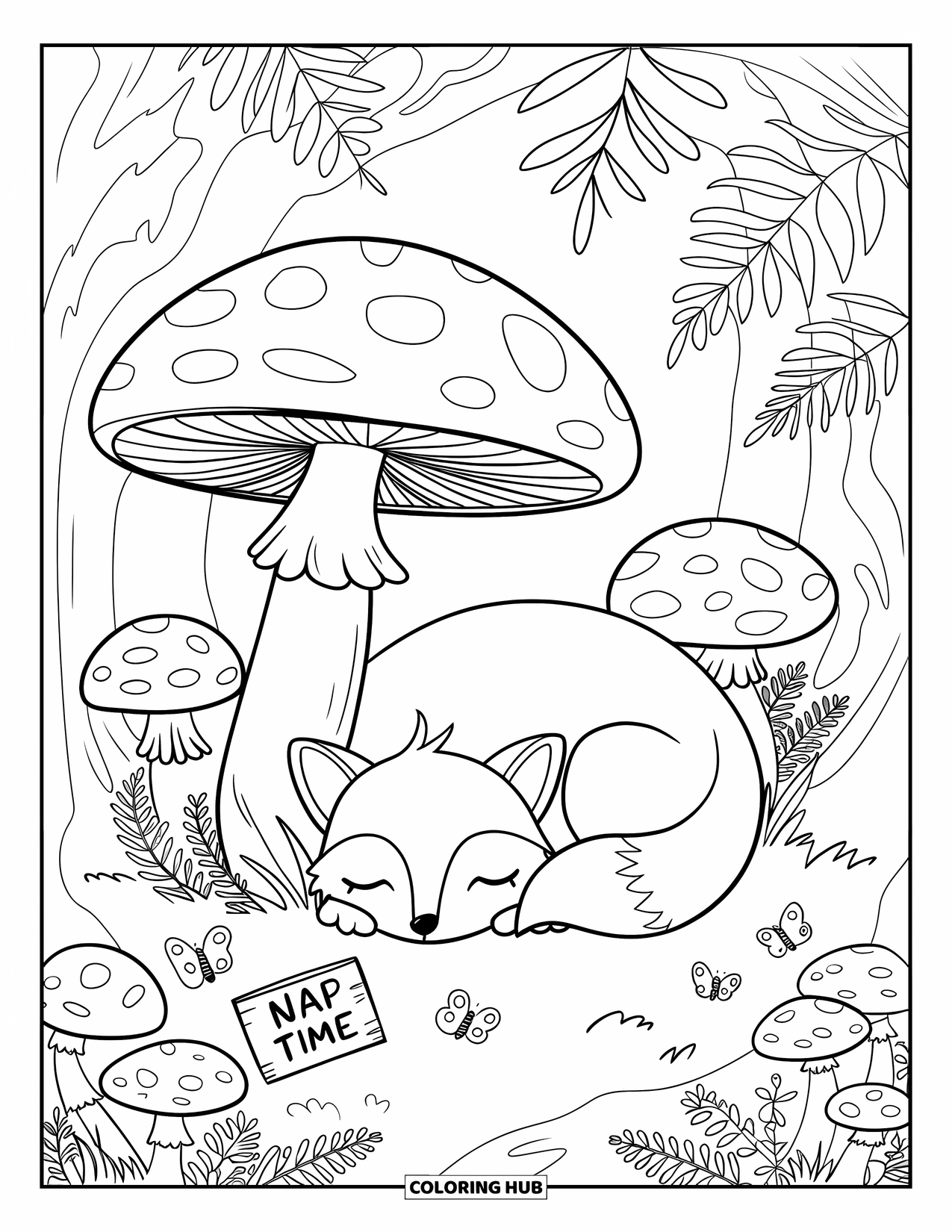 Cottagecore Coloring Page for Adults: A cozy woodland scene with a fox, mushrooms, and a "Nap Time" sign
