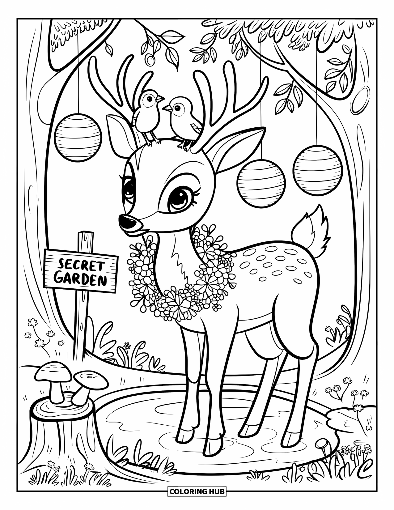 Cottagecore Coloring Page for Adults: A deer with a floral wreath, watching birds perch on its antlers