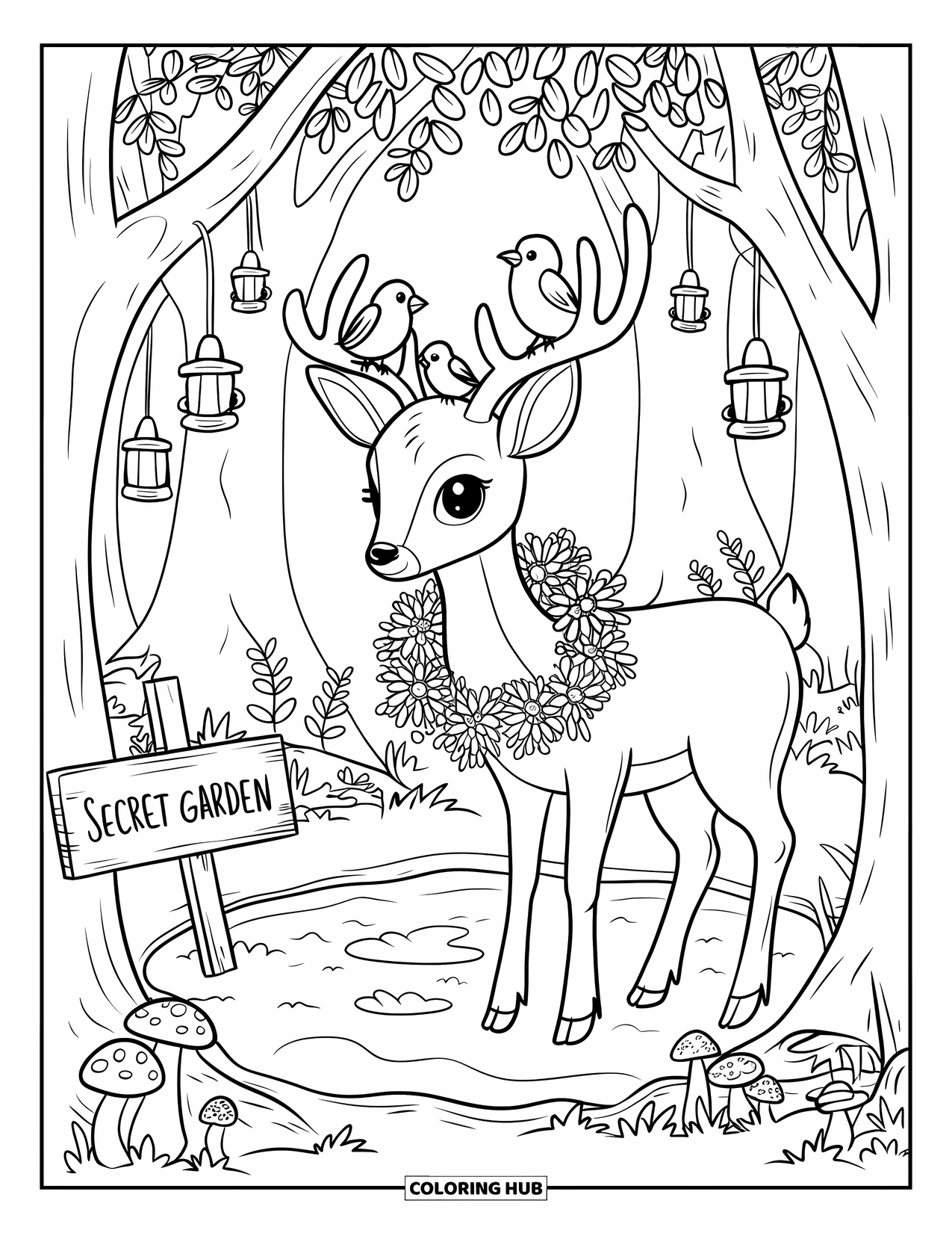 Cottagecore Coloring Page for Adults: A deer with birds on its antlers, standing by a "Secret Garden" sign