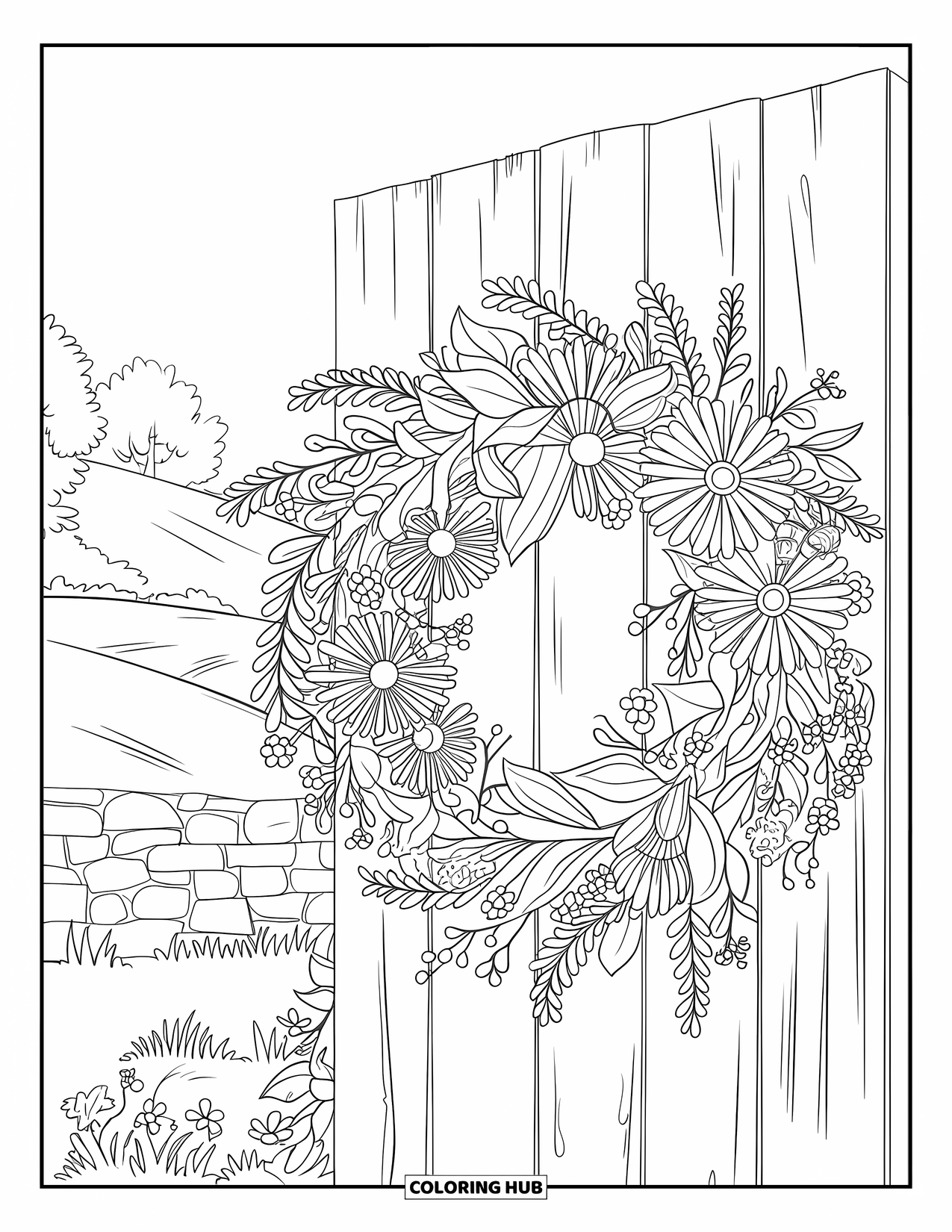 Cottagecore Coloring Page for Adults: A floral wreath with vines and leaves decorating an old cottage door