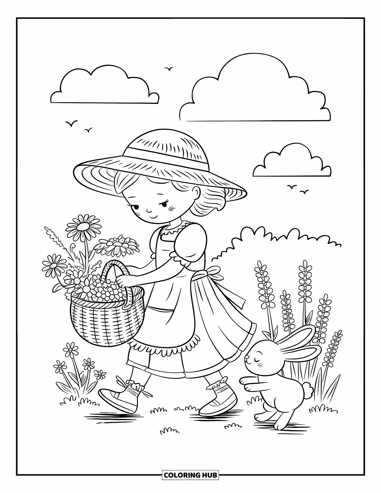 Cottagecore Coloring Page for Adults: A flower-filled field with a girl, a bunny, and tiny birds in the sky