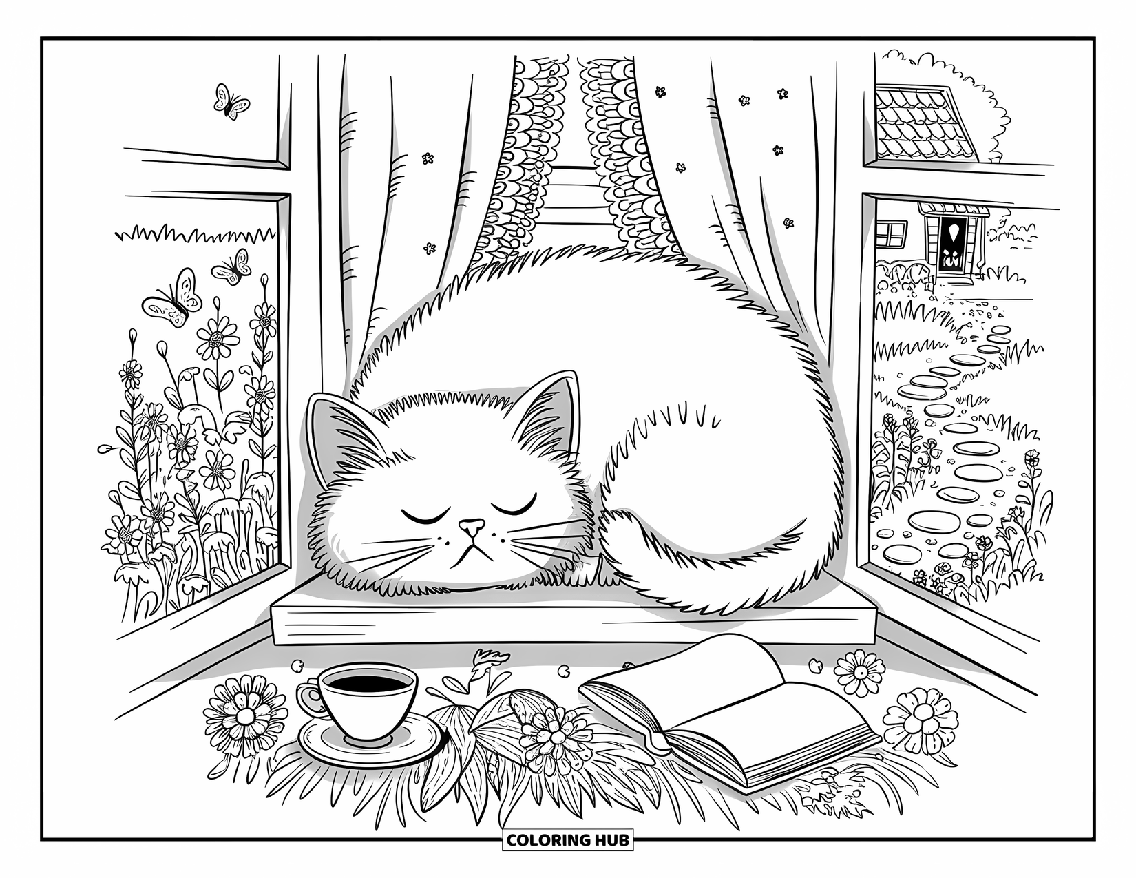 Cottagecore Coloring Page for Adults: A fluffy cat napping by a window with tea and an open book nearby