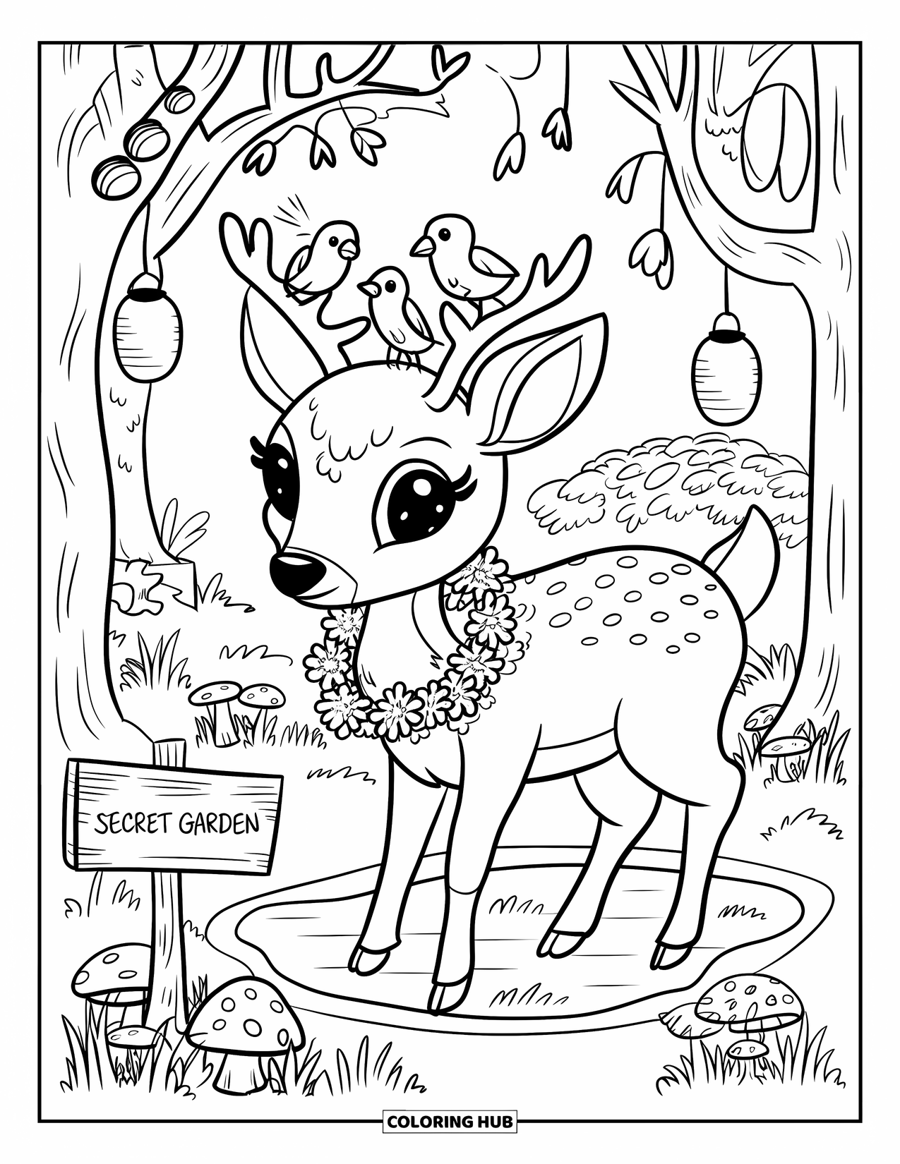 Cottagecore Coloring Page for Adults: A gentle deer near a pond, surrounded by hanging lanterns and mushrooms