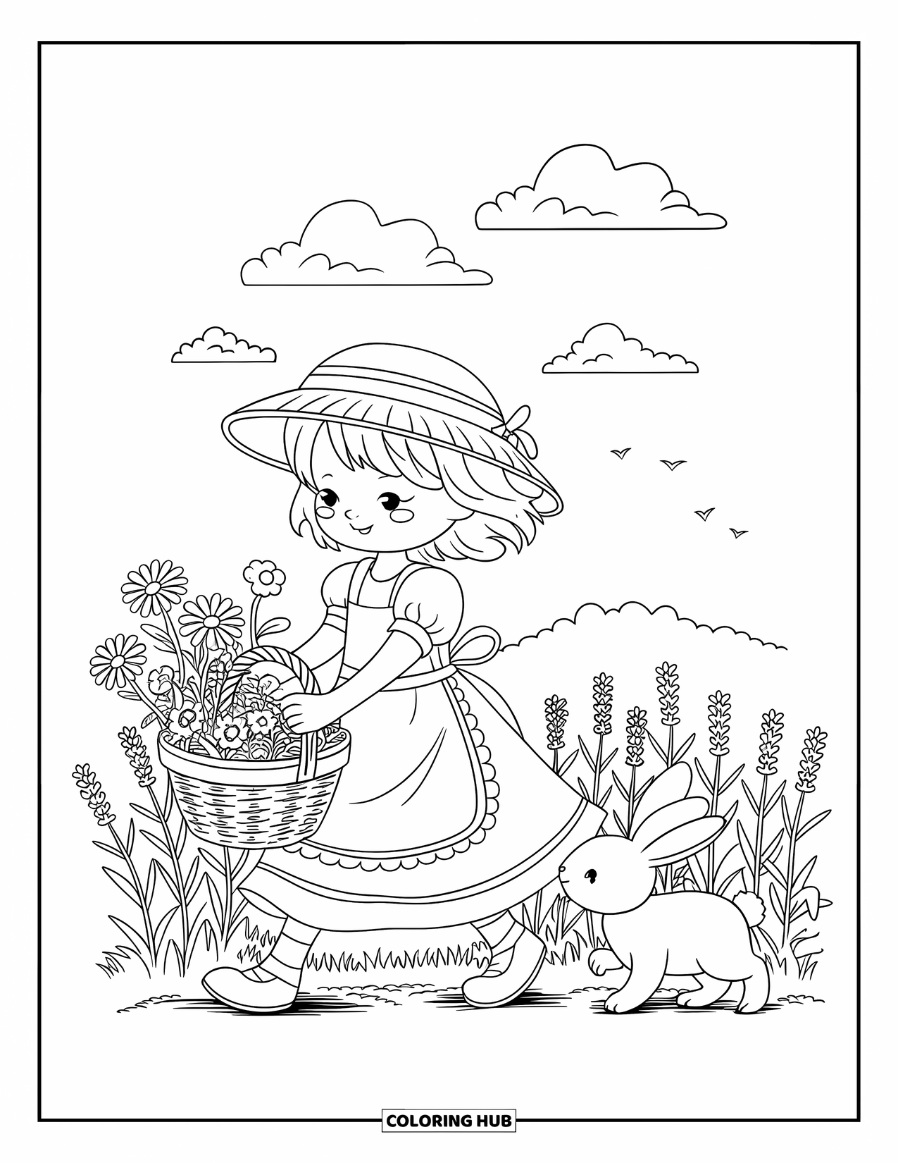 Cottagecore Coloring Page for Adults: A girl in a flowy dress collecting daisies and lavender in a wicker basket