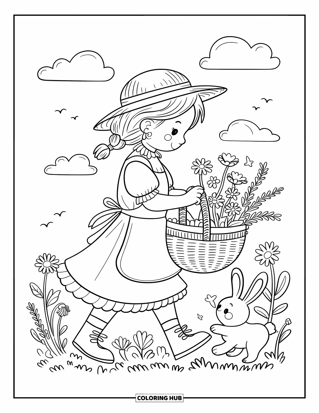Cottagecore Coloring Page for Adults: A girl with a straw hat picking flowers while a rabbit sniffs a blossom