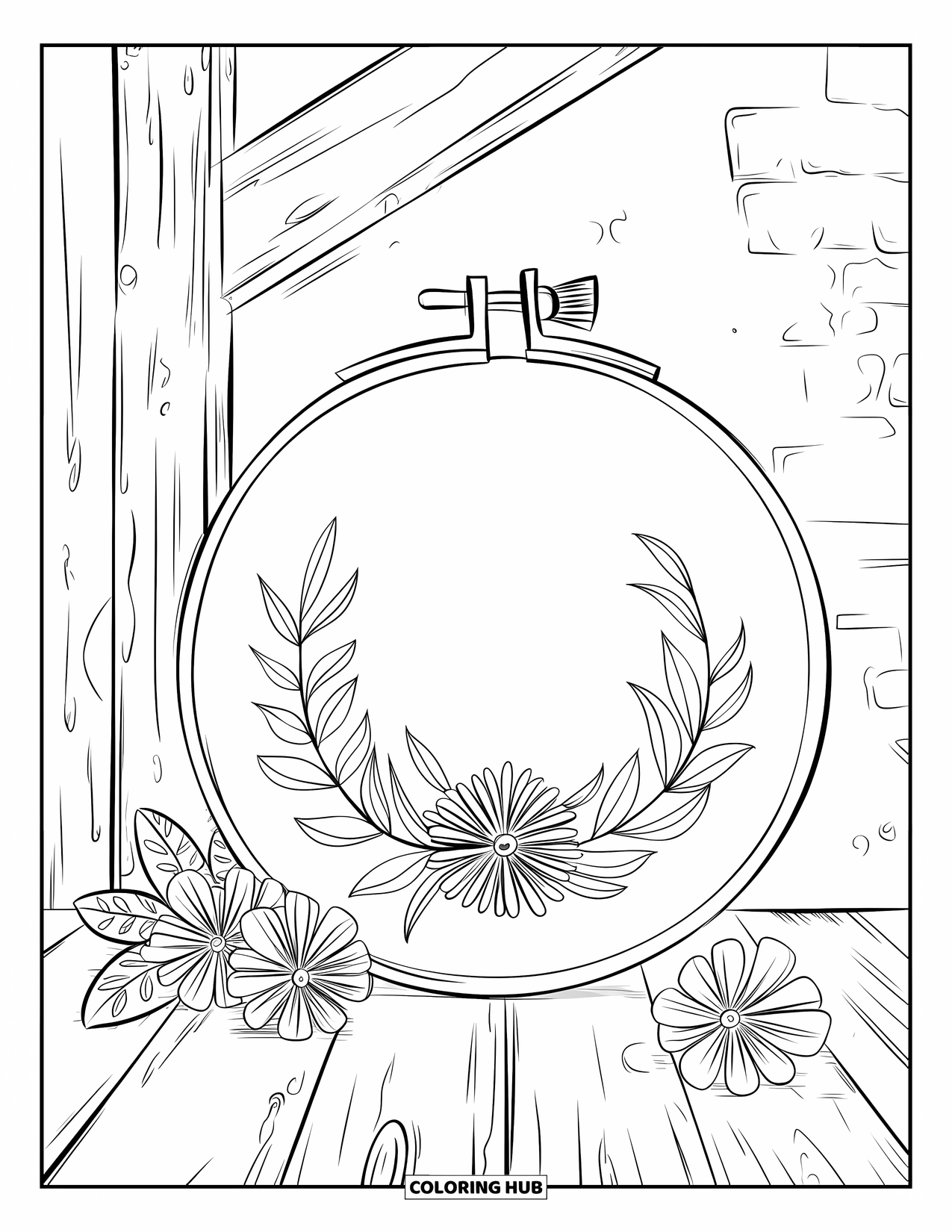 Cottagecore Coloring Page for Adults: A hand-stitched embroidery hoop featuring roses, leaves, and tiny details