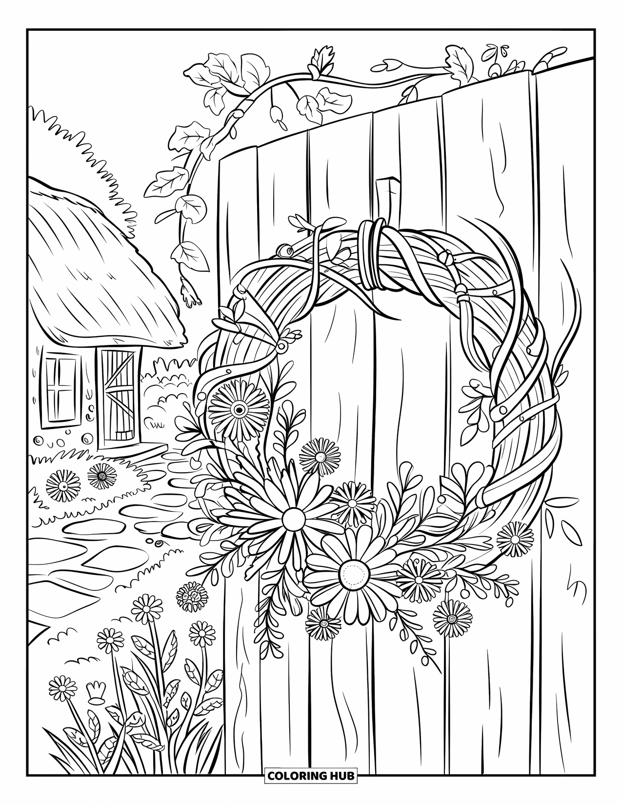 Cottagecore Coloring Page for Adults: A handmade wreath of wildflowers and ivy on a countryside cottage door