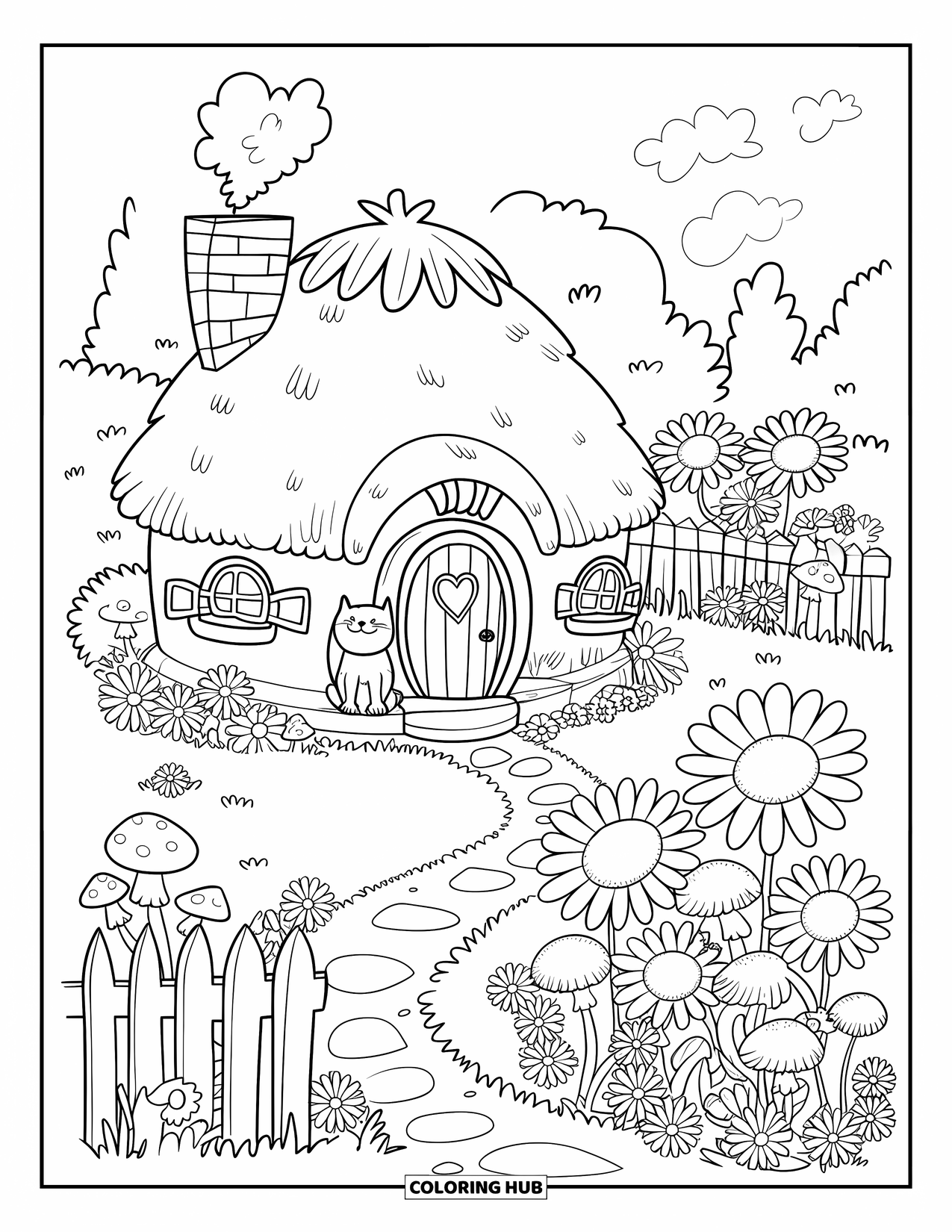 Cottagecore Coloring Page for Adults: A kawaii cottage with a thatched roof, a heart-shaped window, and a chimney