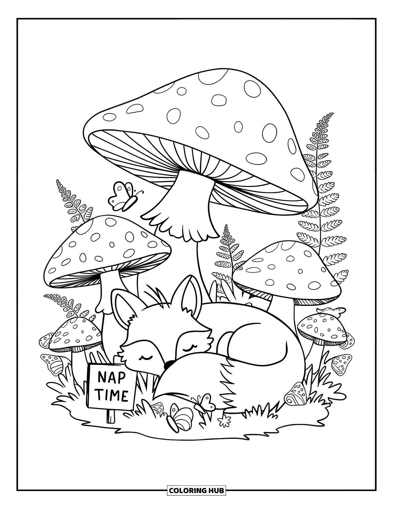 Cottagecore Coloring Page for Adults: A little fox curled up under a large mushroom, napping peacefully