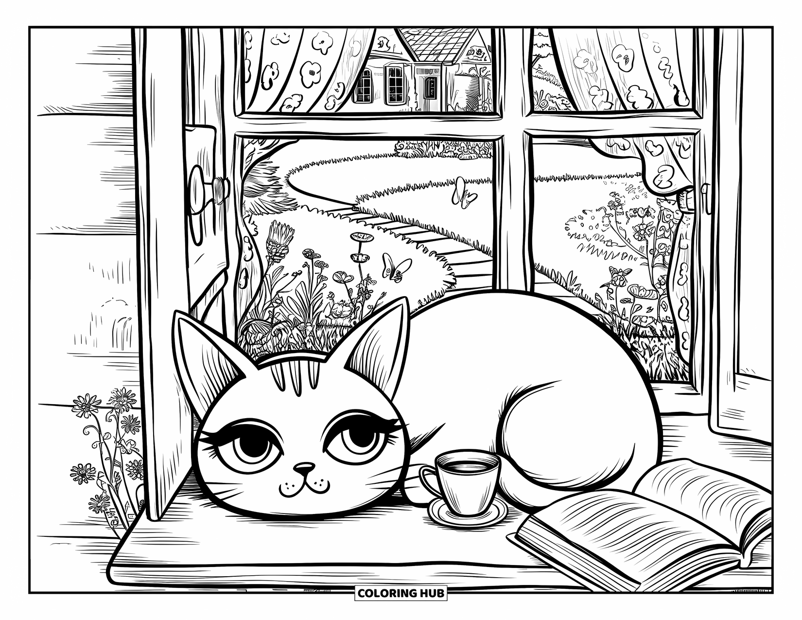 Cottagecore Coloring Page for Adults: A peaceful cat curled up on a windowsill, overlooking a wildflower garden