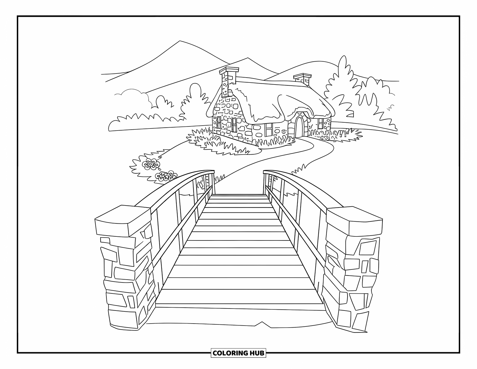 Cottagecore Coloring Page for Adults: A rustic bridge surrounded by trees, guiding the way to a hidden cottage