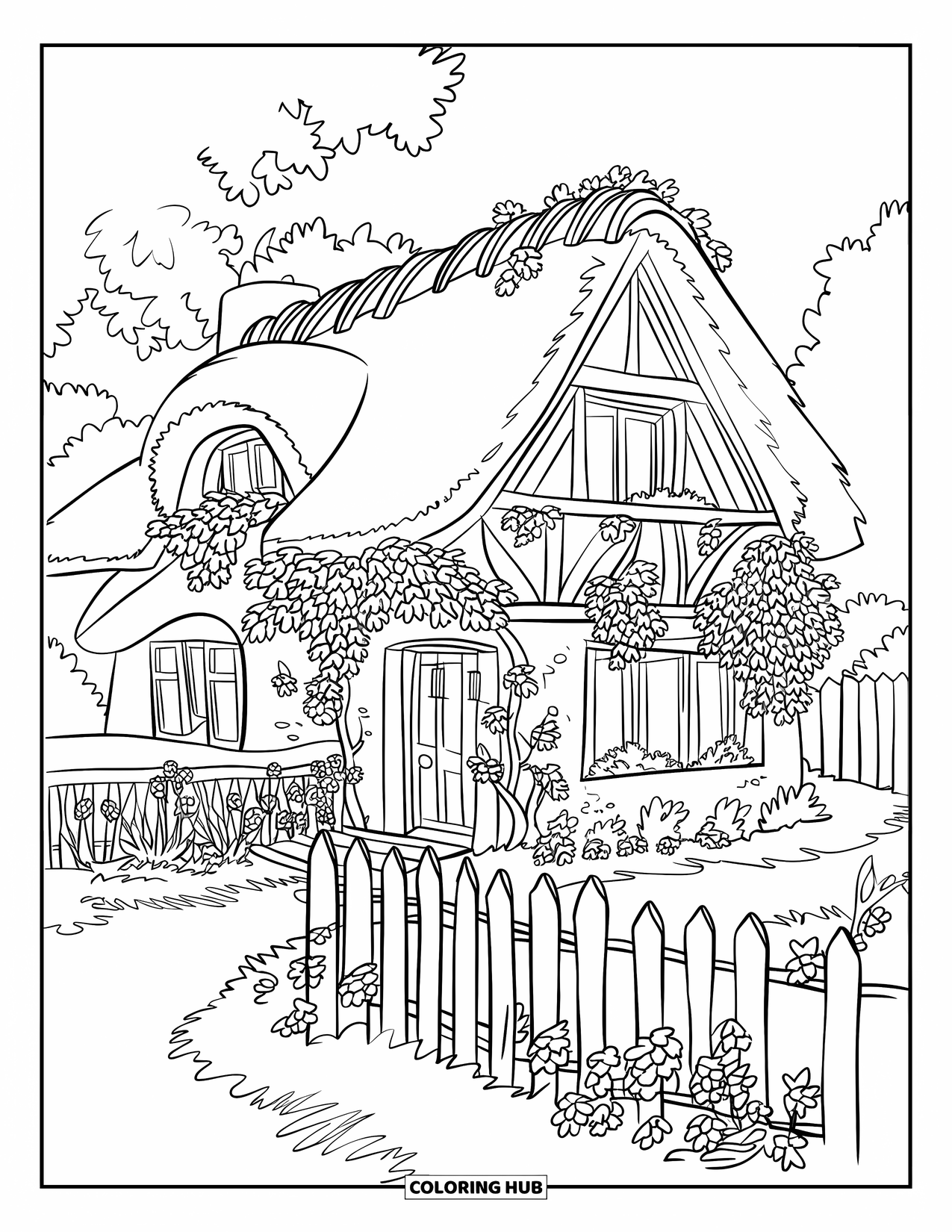 Cottagecore Coloring Page for Adults: A rustic cottage surrounded by climbing ivy and colorful wildflowers