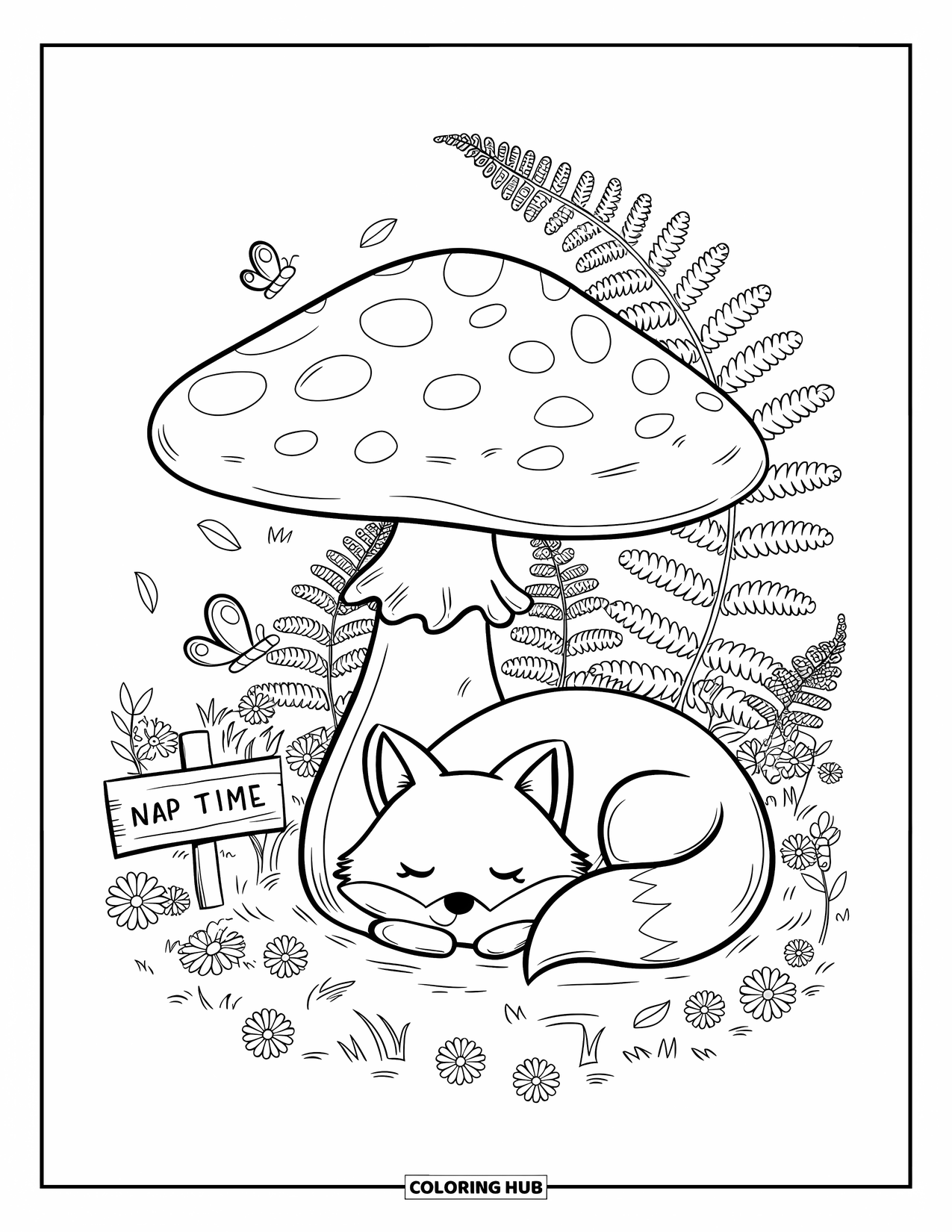 Cottagecore Coloring Page for Adults: A sleepy fox resting beneath a mushroom, with tiny butterflies nearby