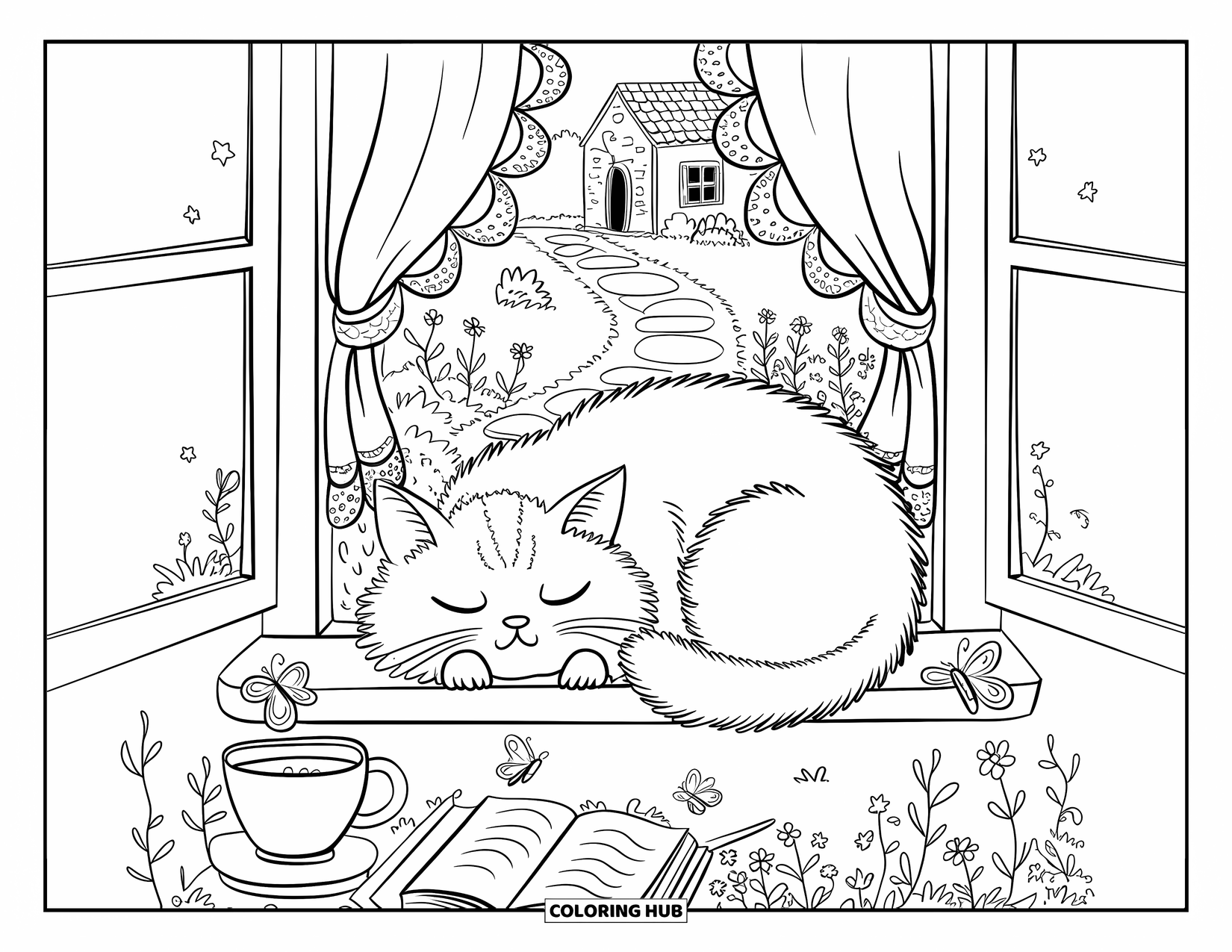 Cottagecore Coloring Page for Adults: A sleepy Persian cat curled up on a cottage windowsill