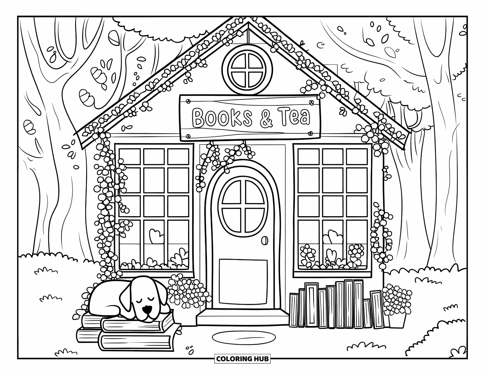 Cottagecore Coloring Page for Adults: A tiny bookshop in the woods with ivy-covered walls and a "Books & Tea" sign