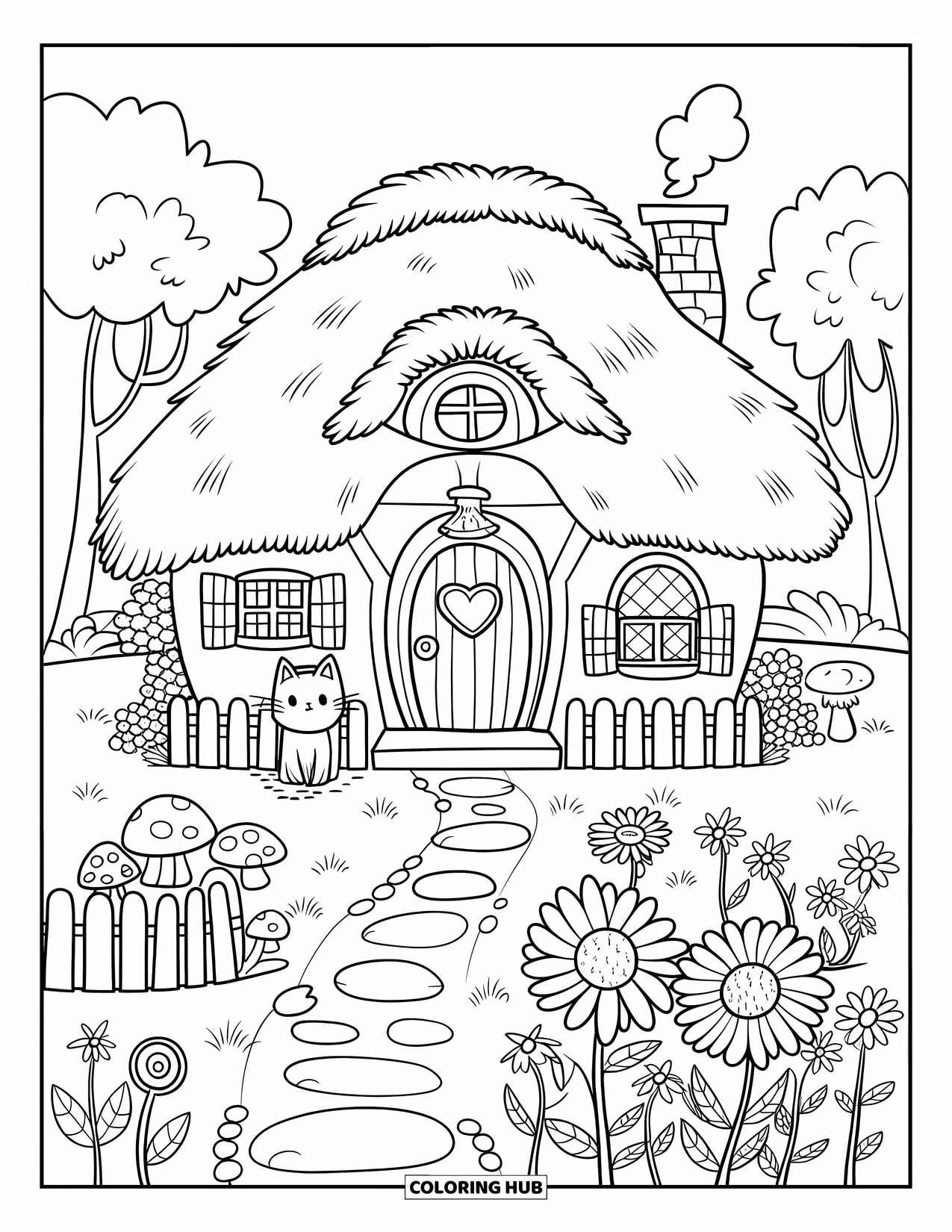 Cottagecore Coloring Page for Adults: A tiny countryside cottage with a picket fence, flowers, and a winding stone path