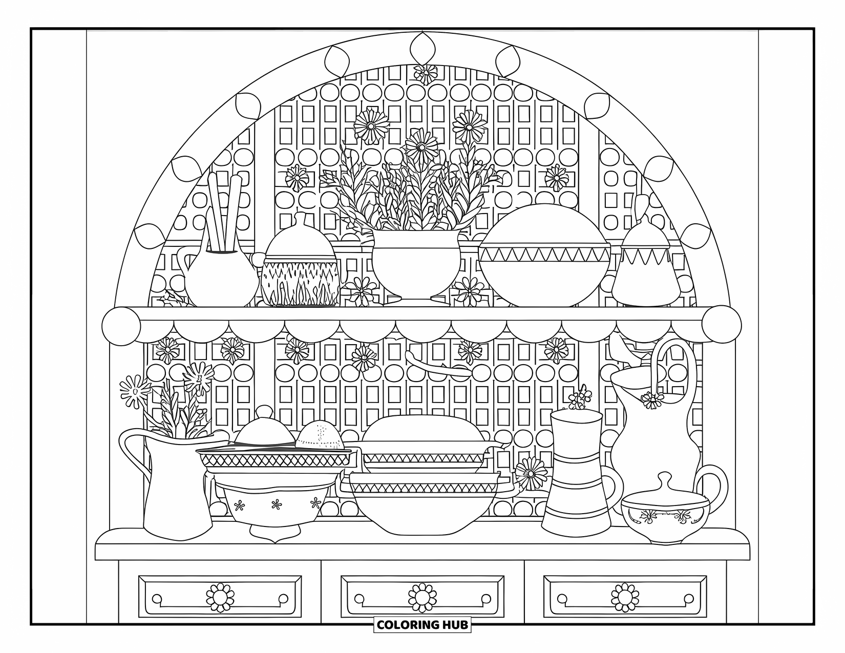 Cottagecore Coloring Page for Adults: A vintage-style kitchen shelf filled with ceramic dishes, herbs, and dried flowers