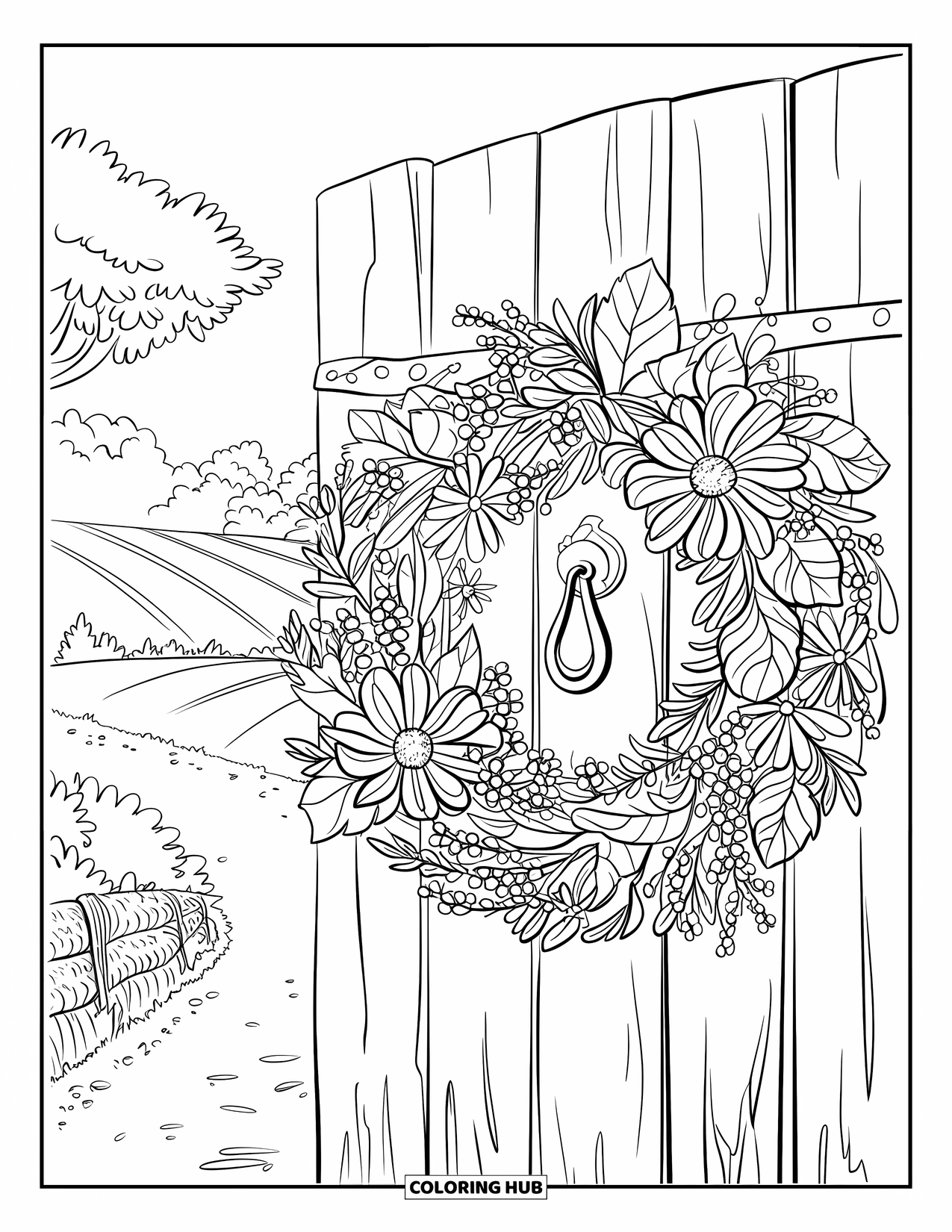 Cottagecore Coloring Page for Adults: A wildflower wreath hanging on a rustic wooden door