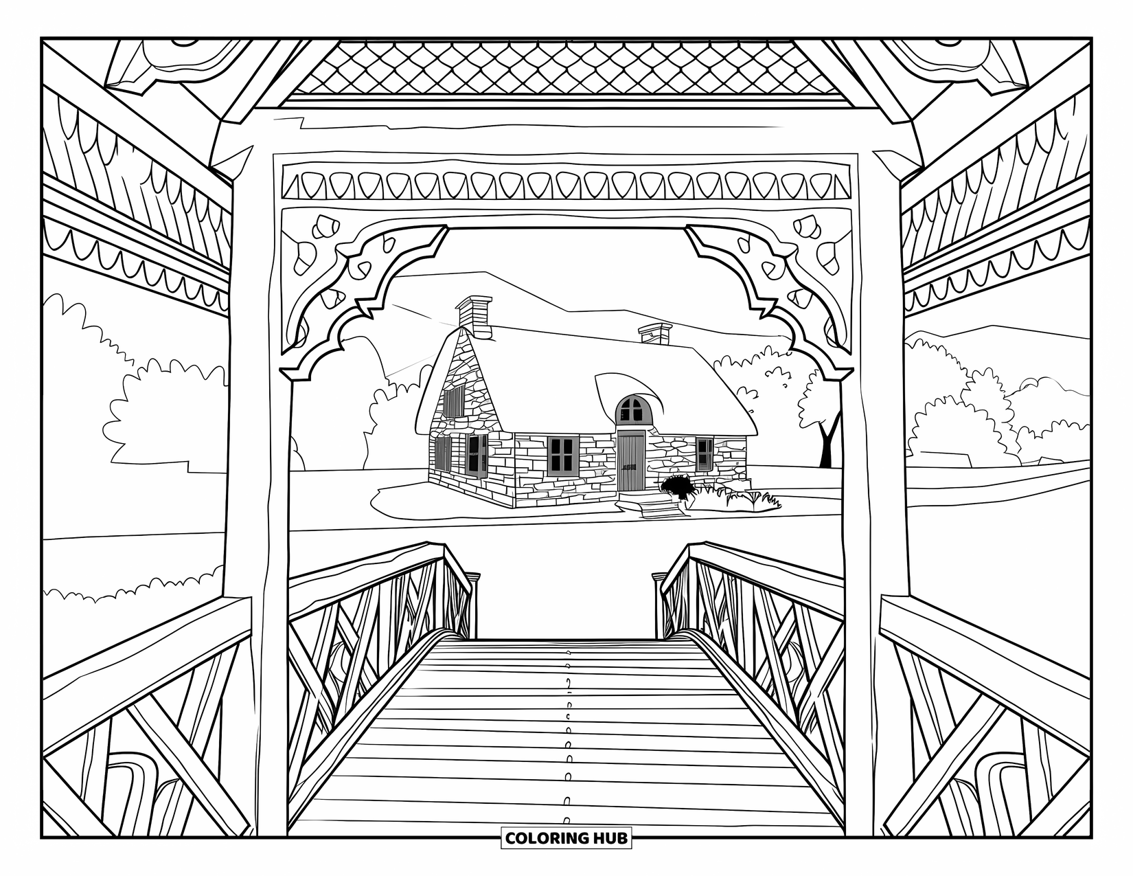 Cottagecore Coloring Page for Adults: A wooden bridge leading to a stone cottage with a thatched roof and a garden