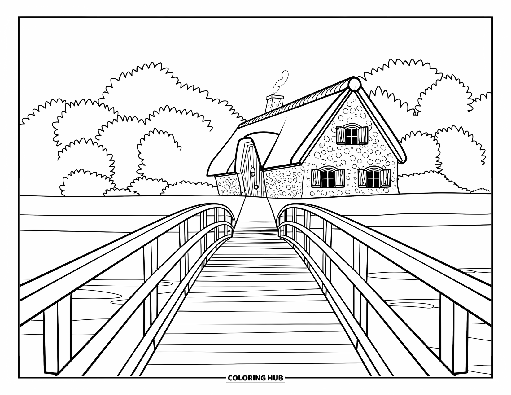 Cottagecore Coloring Page for Adults: A wooden bridge over a calm stream, leading to a cozy cottage