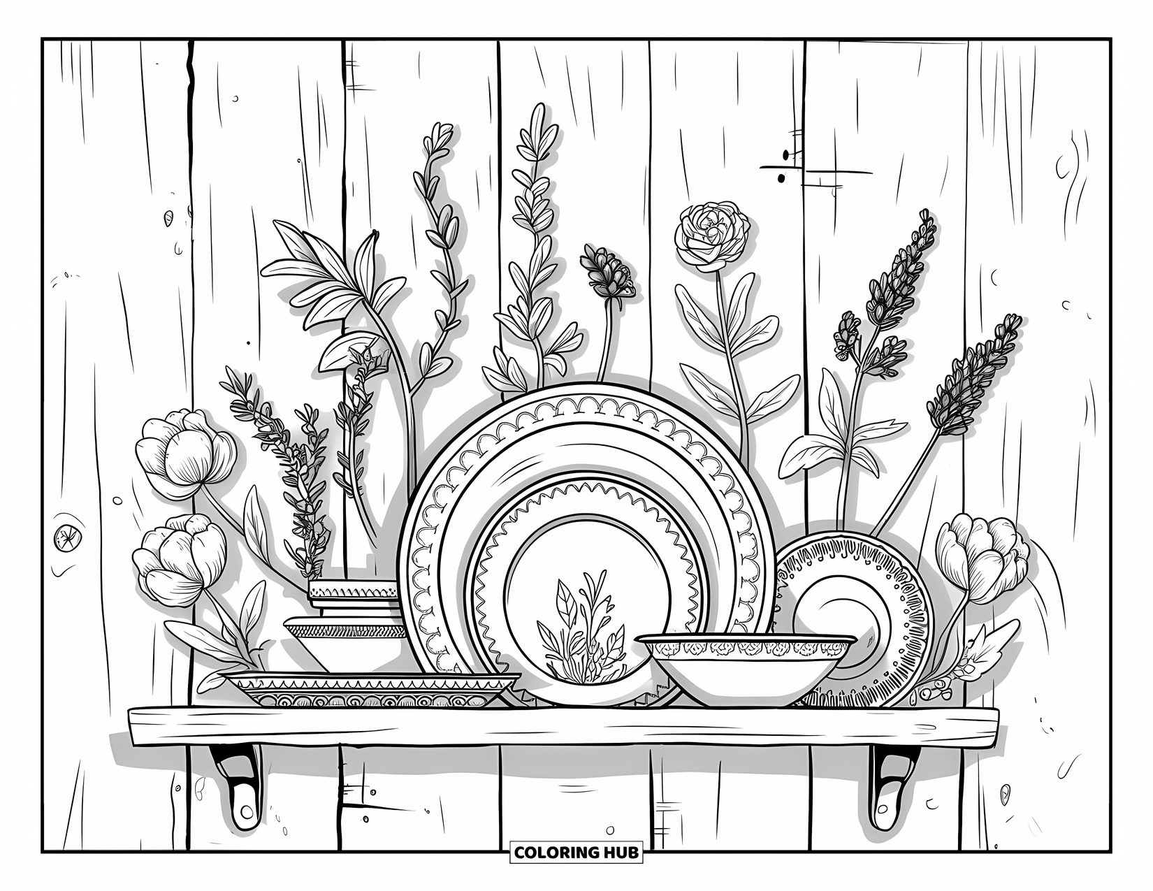 Cottagecore Coloring Page for Adults: A wooden kitchen shelf against a rustic wall, decorated with dishes and herbs