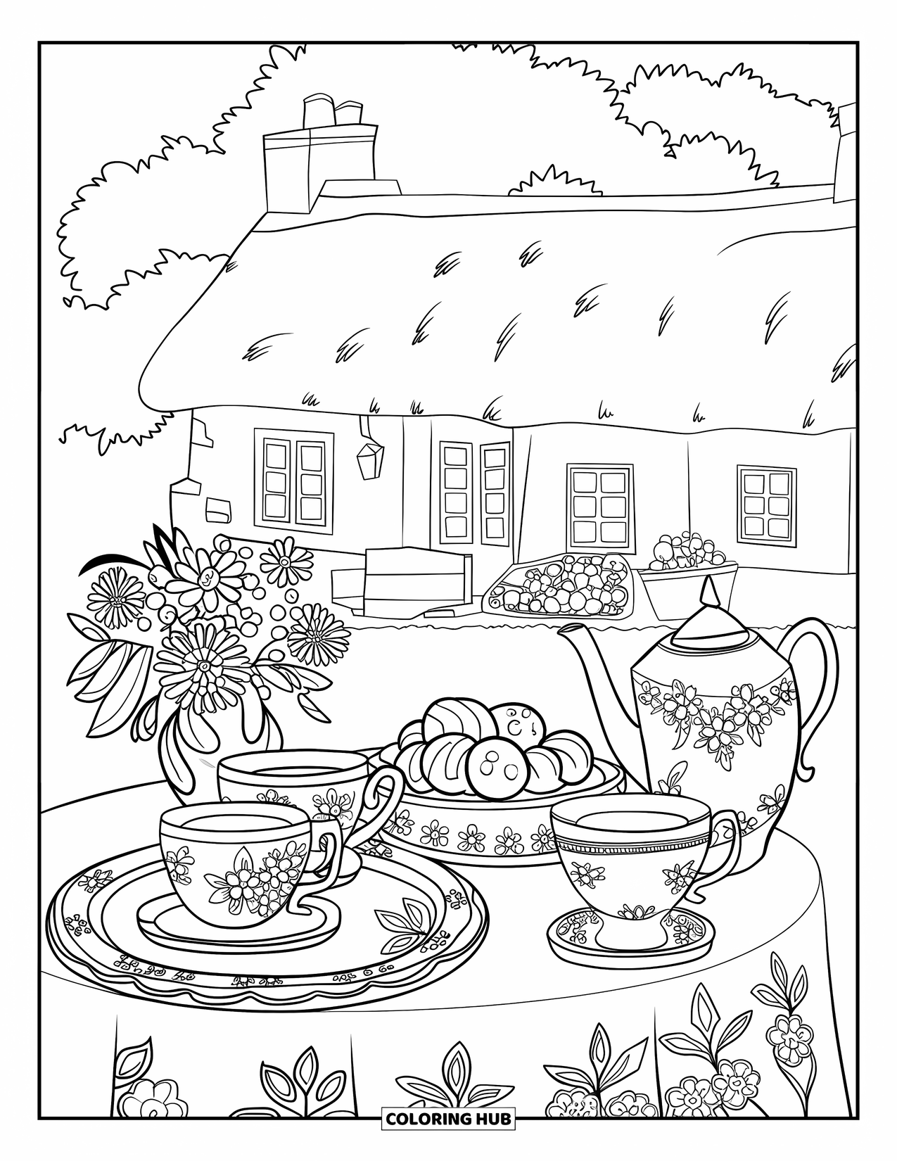Cottagecore Coloring Page for Adults: A wooden table set for tea, complete with a teapot and homemade pastries