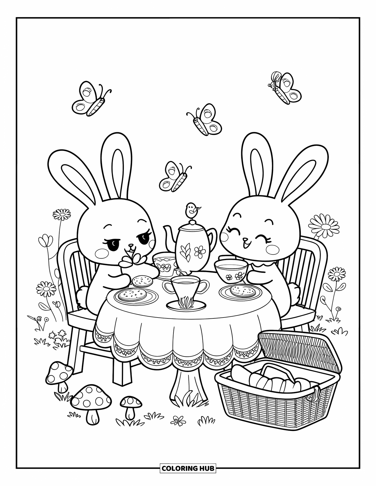 Cottagecore Coloring Page for Adults: Two rabbits having a tea party at a wooden table in a wildflower meadow