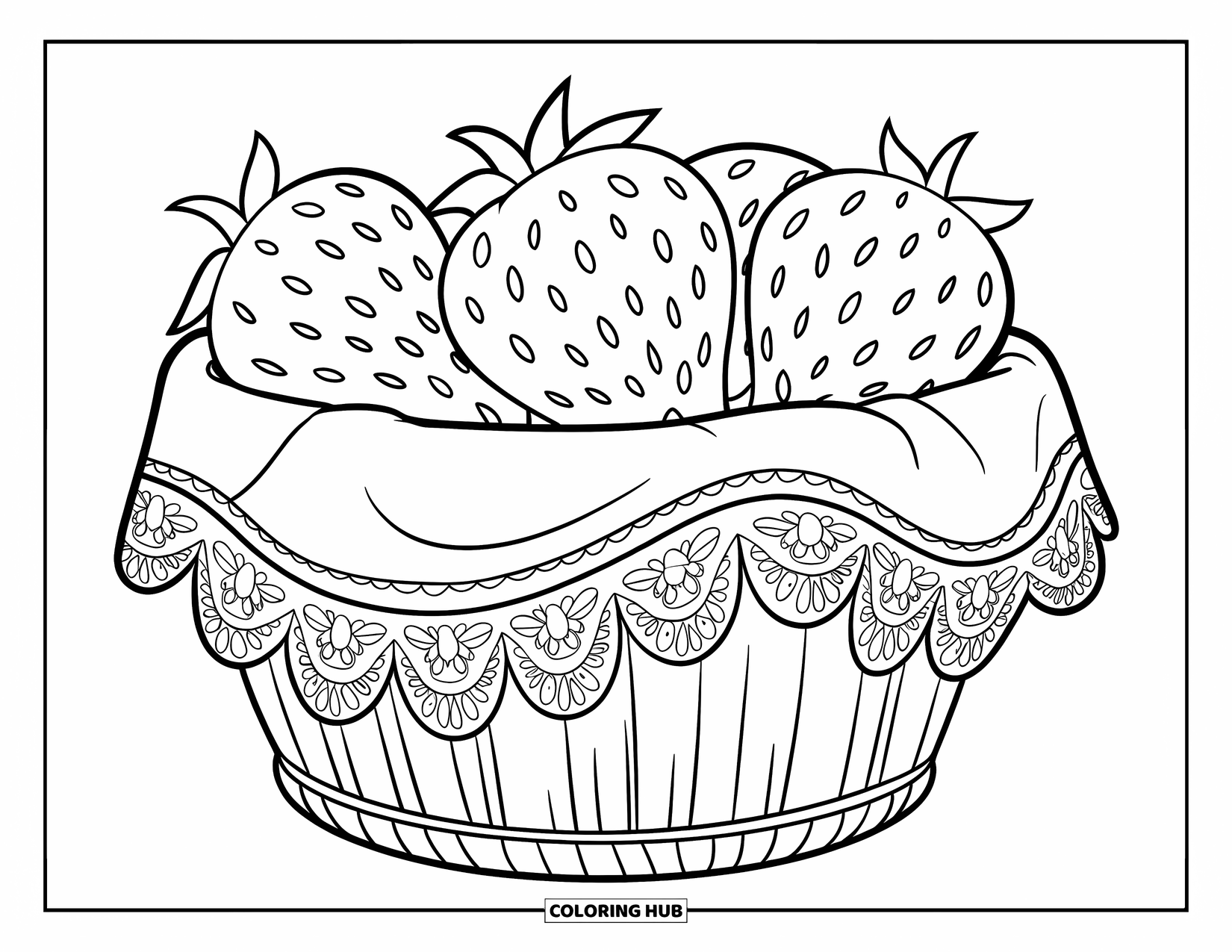 Cottagecore Coloring Page for Kids: A basket of strawberries with a lace cloth, sitting on a wooden surface
