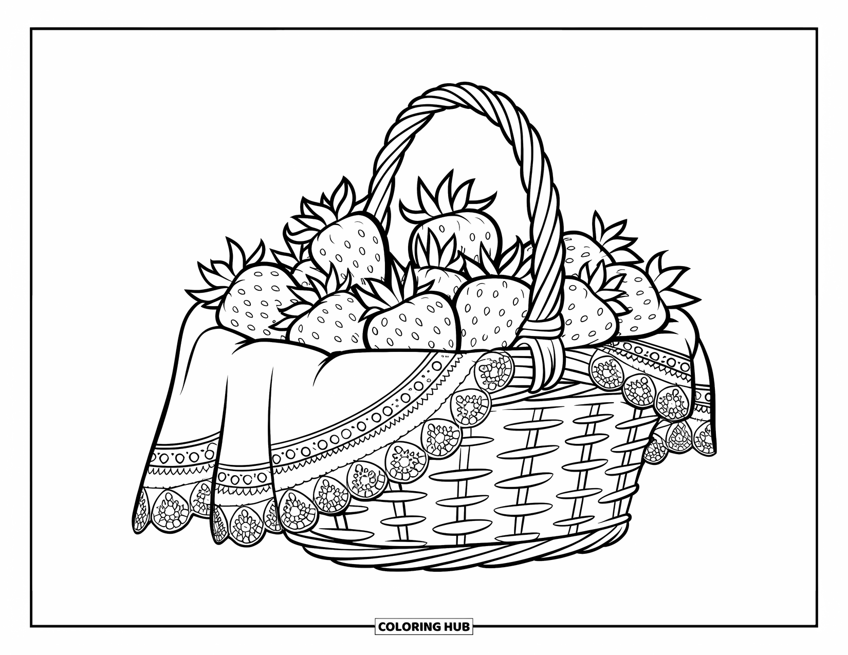 Cottagecore Coloring Page for Kids: A basket of strawberries with a lace cloth, sitting on a wooden table