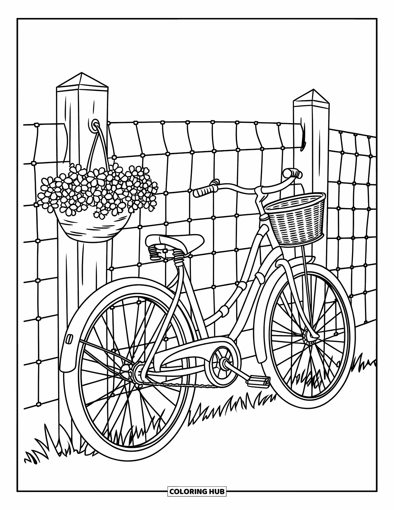 Cottagecore Coloring Page for Kids: A bicycle with intricate details and a flower basket near a wooden fence