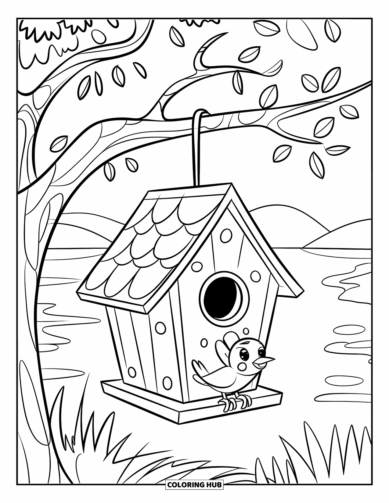 Cottagecore Coloring Page for Kids: A birdhouse on a branch, near a cottage and a winding path