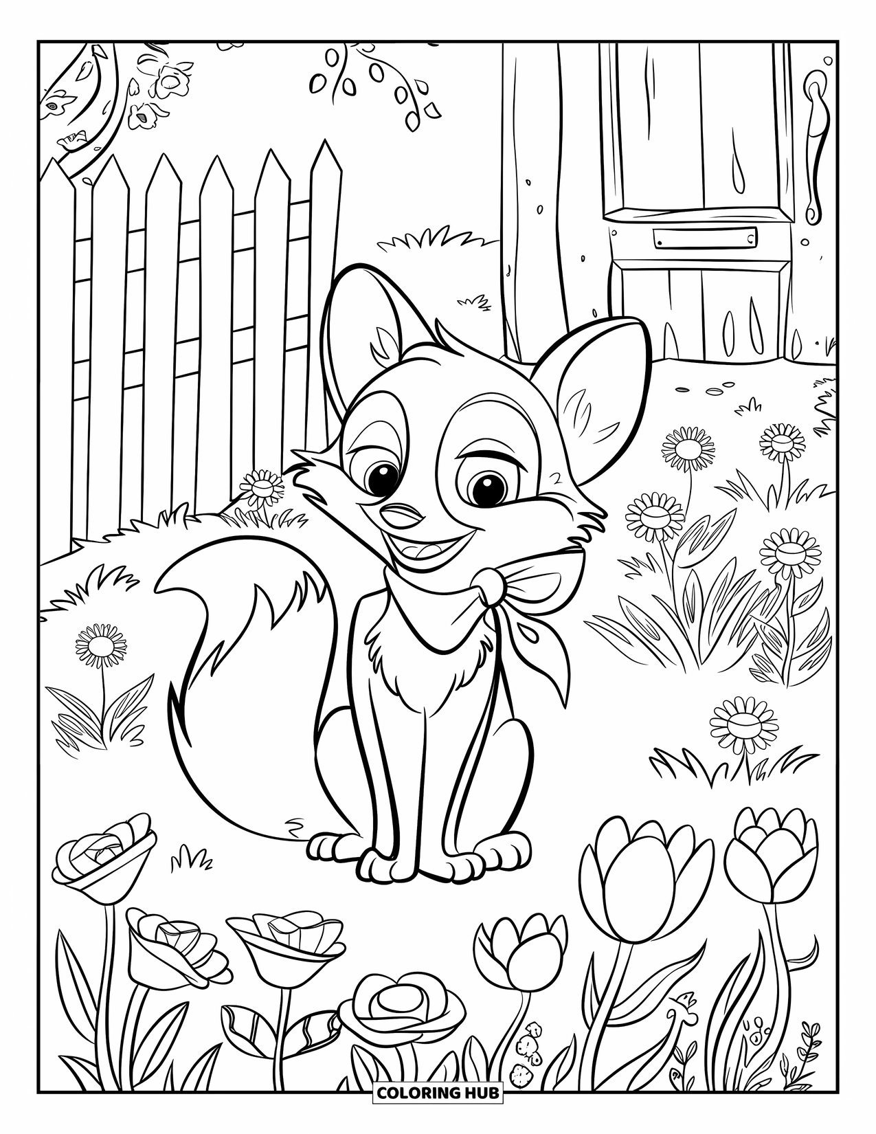 Cottagecore Coloring Page for Kids: A cheerful fox sitting in a field of flowers