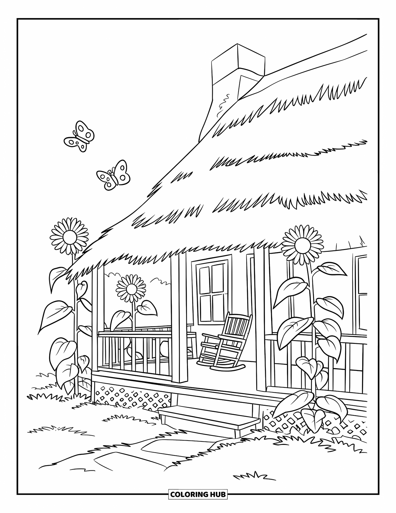 Cottagecore Coloring Page for Kids: A cottage with a porch, rocking chairs, and tall sunflowers