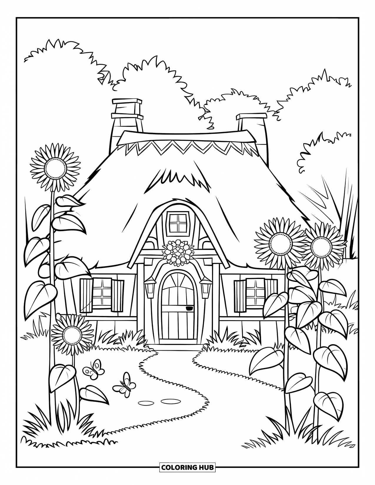 Cottagecore Coloring Page for Kids: A cottage with a thatched roof, surrounded by sunflowers and butterflies