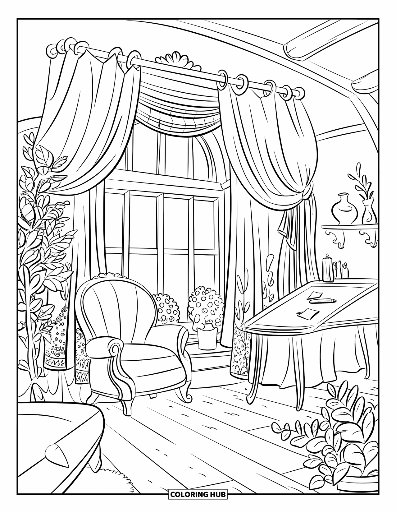 Cottagecore Coloring Page for Kids: A cottagecore bedroom with a large window, curtains, and a writing desk