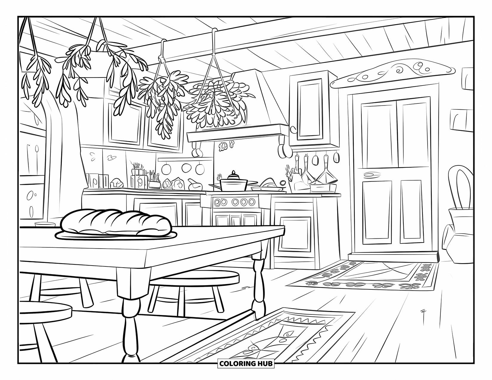 Cottagecore Coloring Page for Kids: A cottagecore kitchen with a wooden table, fresh bread, and hanging herbs