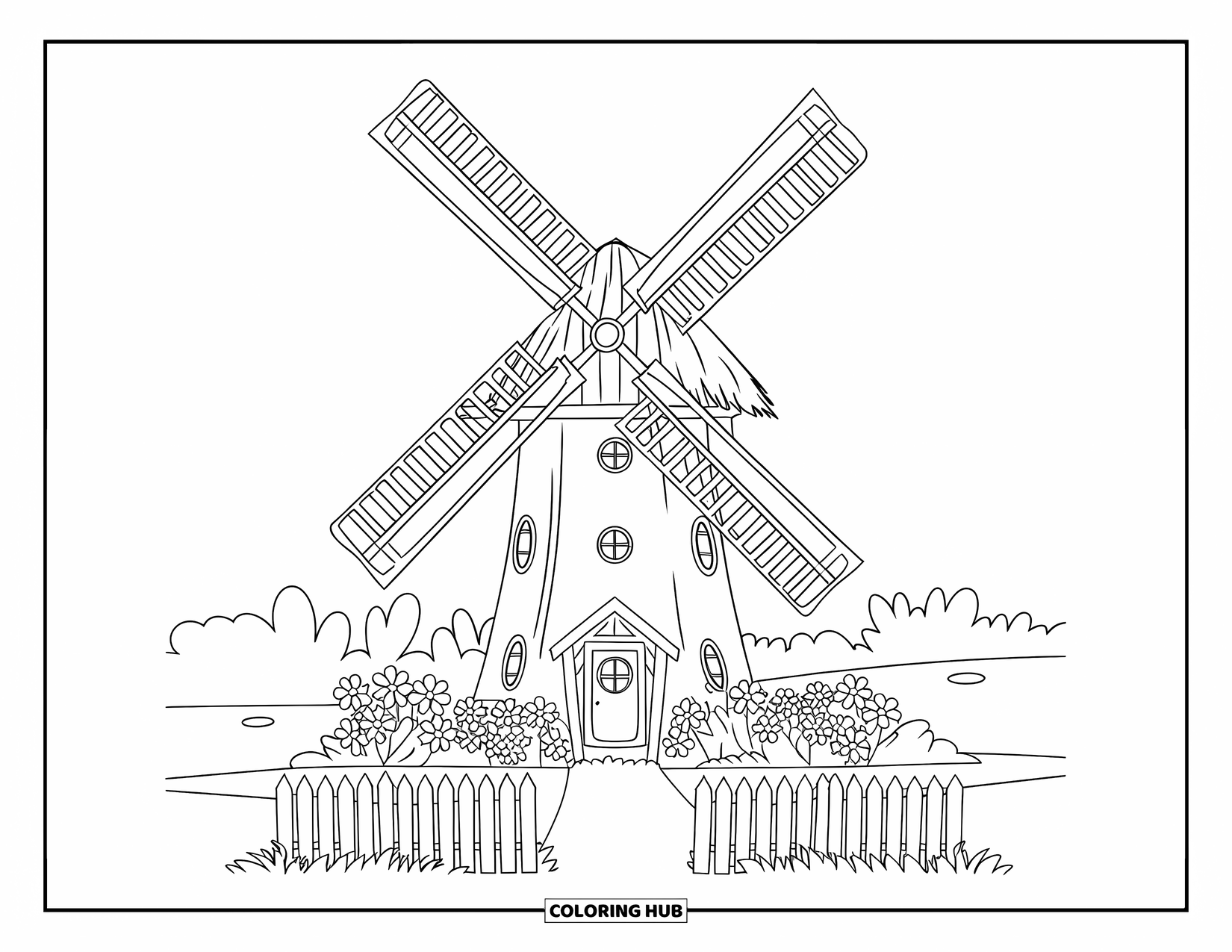 Cottagecore Coloring Page for Kids: A cottagecore windmill with big blades and a flower bed