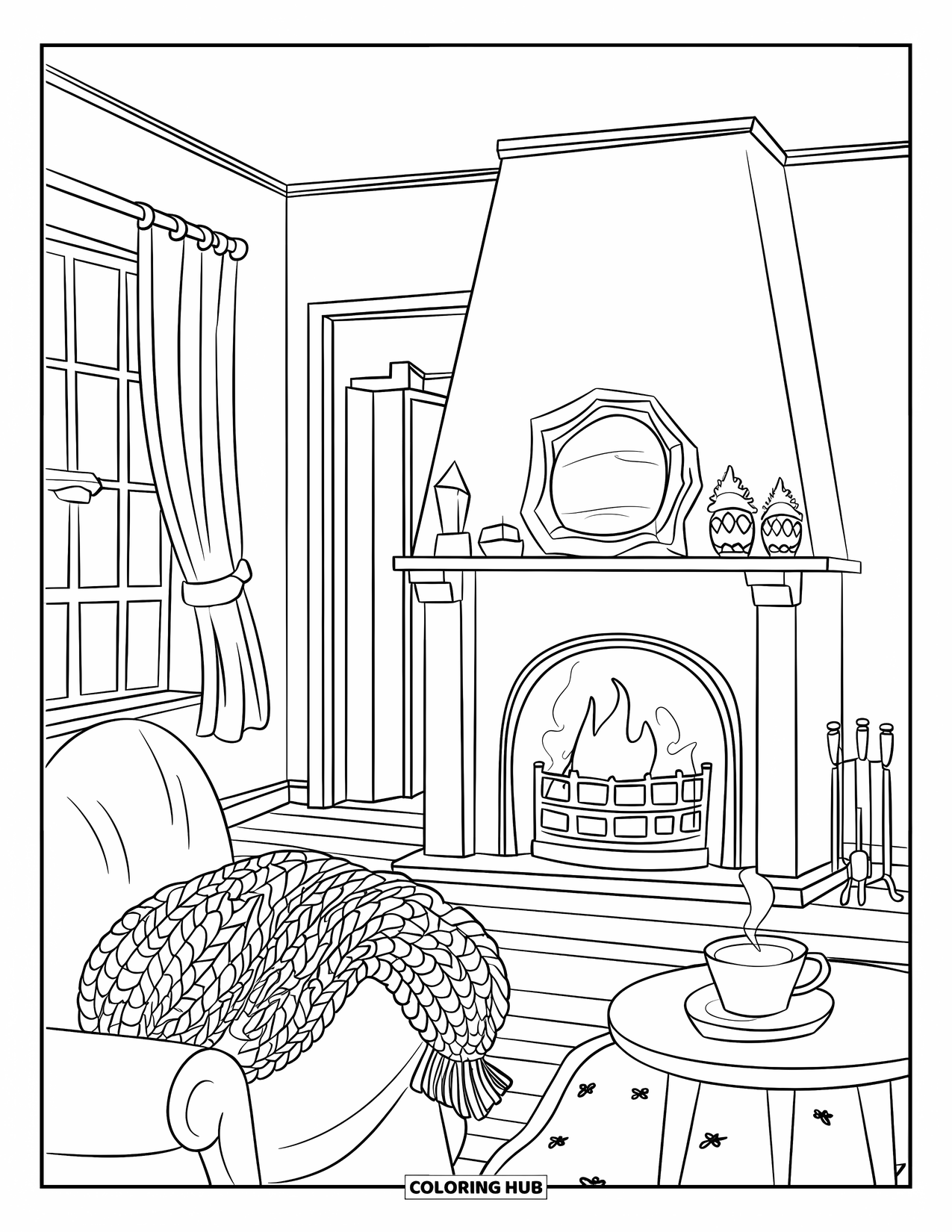 Cottagecore Coloring Page for Kids: A cozy fireplace with a knitted blanket and a cup of tea on a table