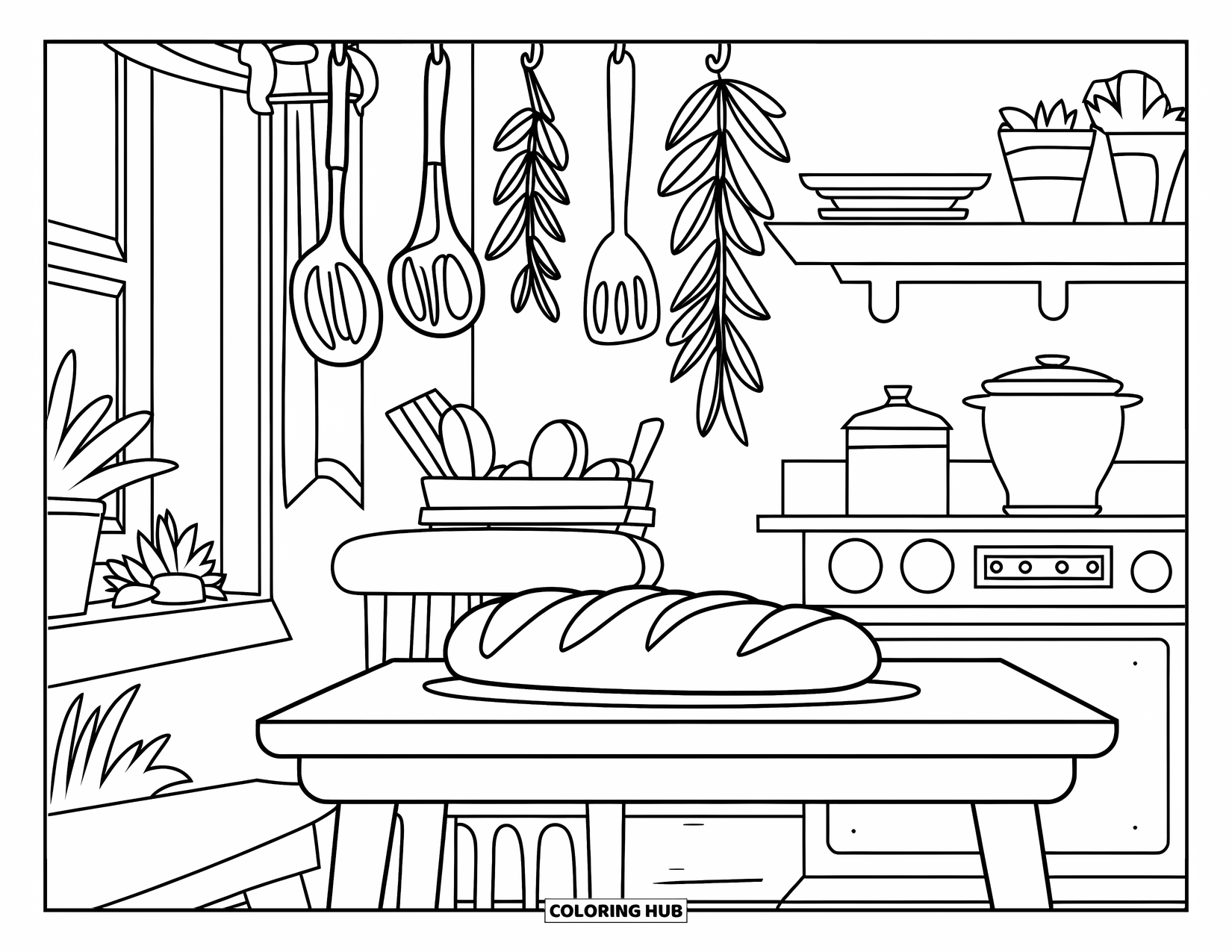 Cottagecore Coloring Page for Kids: A cozy kitchen with fresh bread, hanging herbs, and a window with potted plants