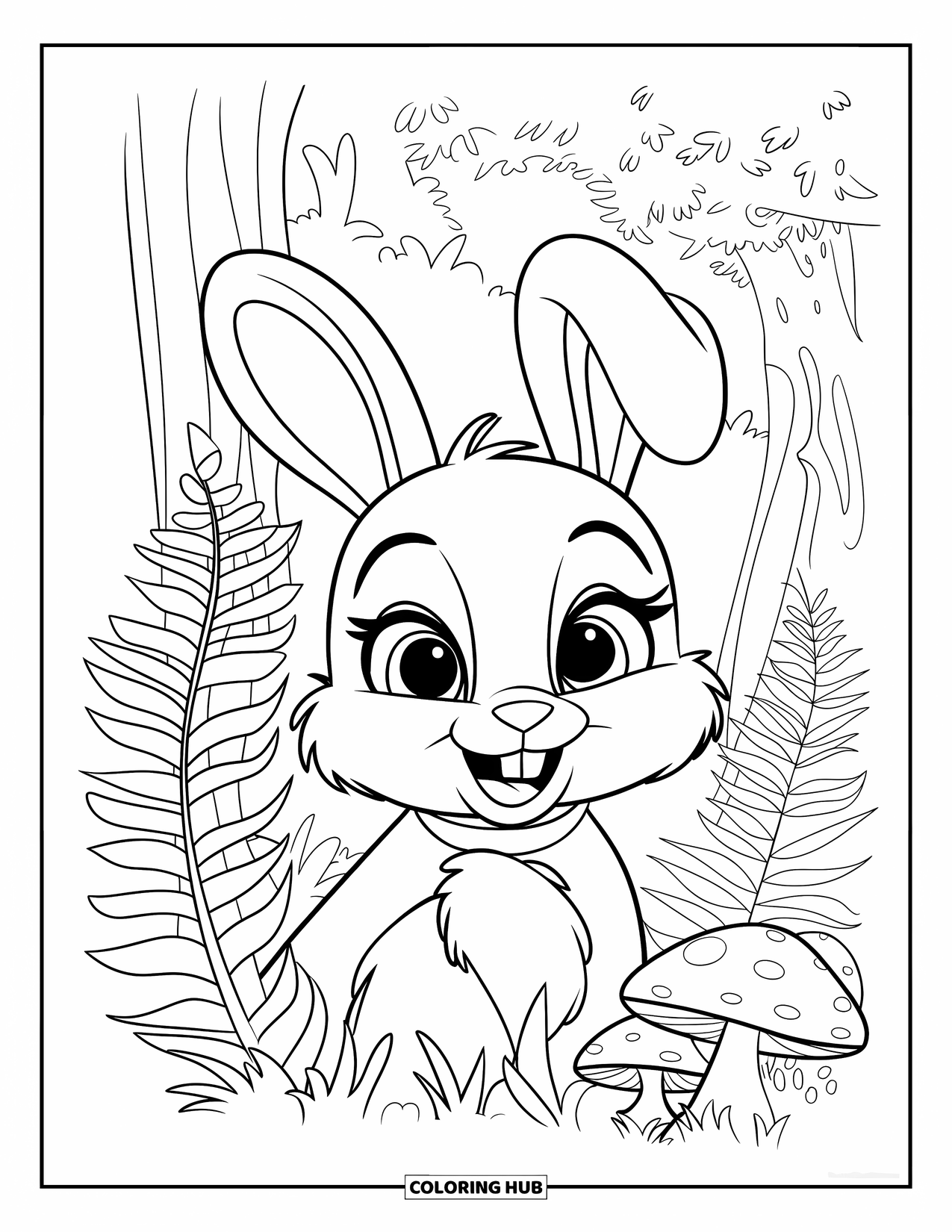 Cottagecore Coloring Page for Kids: A curious rabbit peeking through tall ferns and mushrooms in a forest