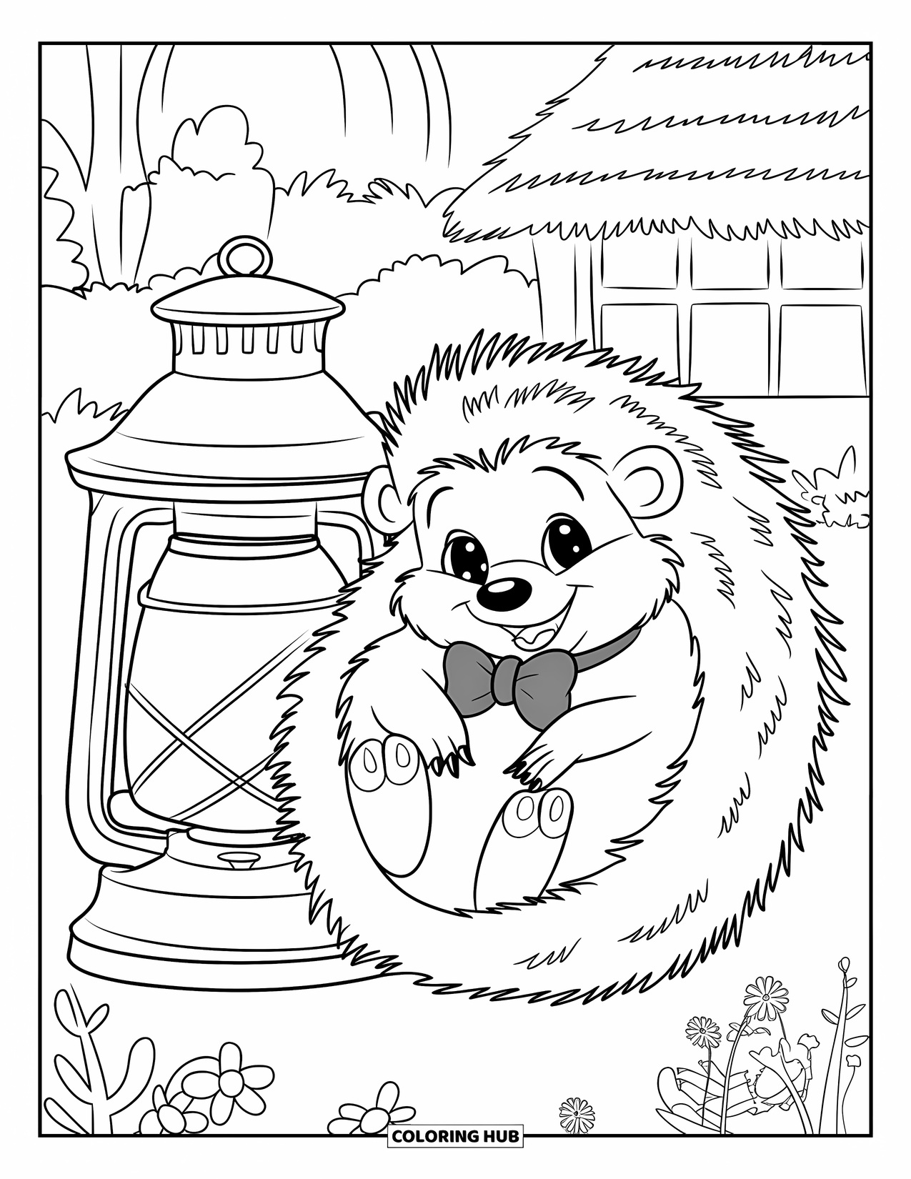 Cottagecore Coloring Page for Kids: A cute hedgehog curled up next to a lantern in a cozy garden