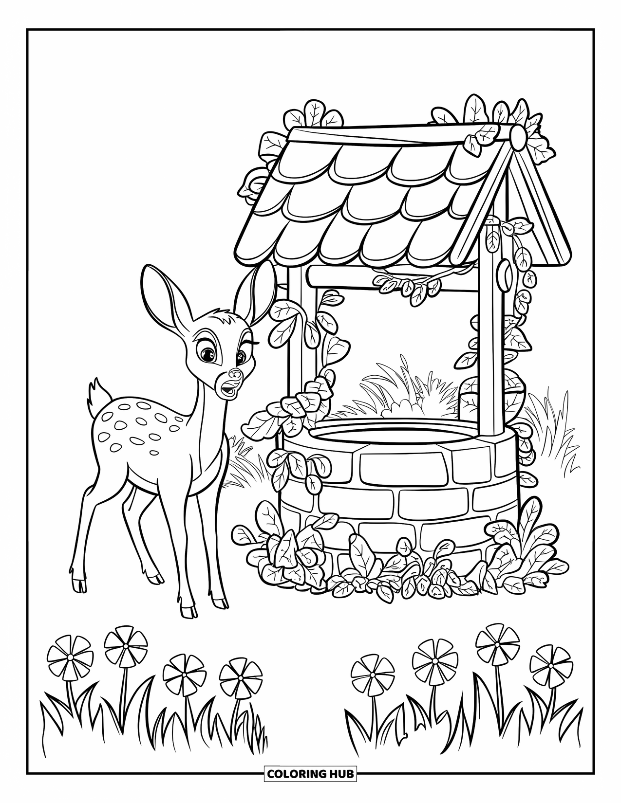 Cottagecore Coloring Page for Kids: A deer near a wooden well, surrounded by vines and a thatched-roof cottage